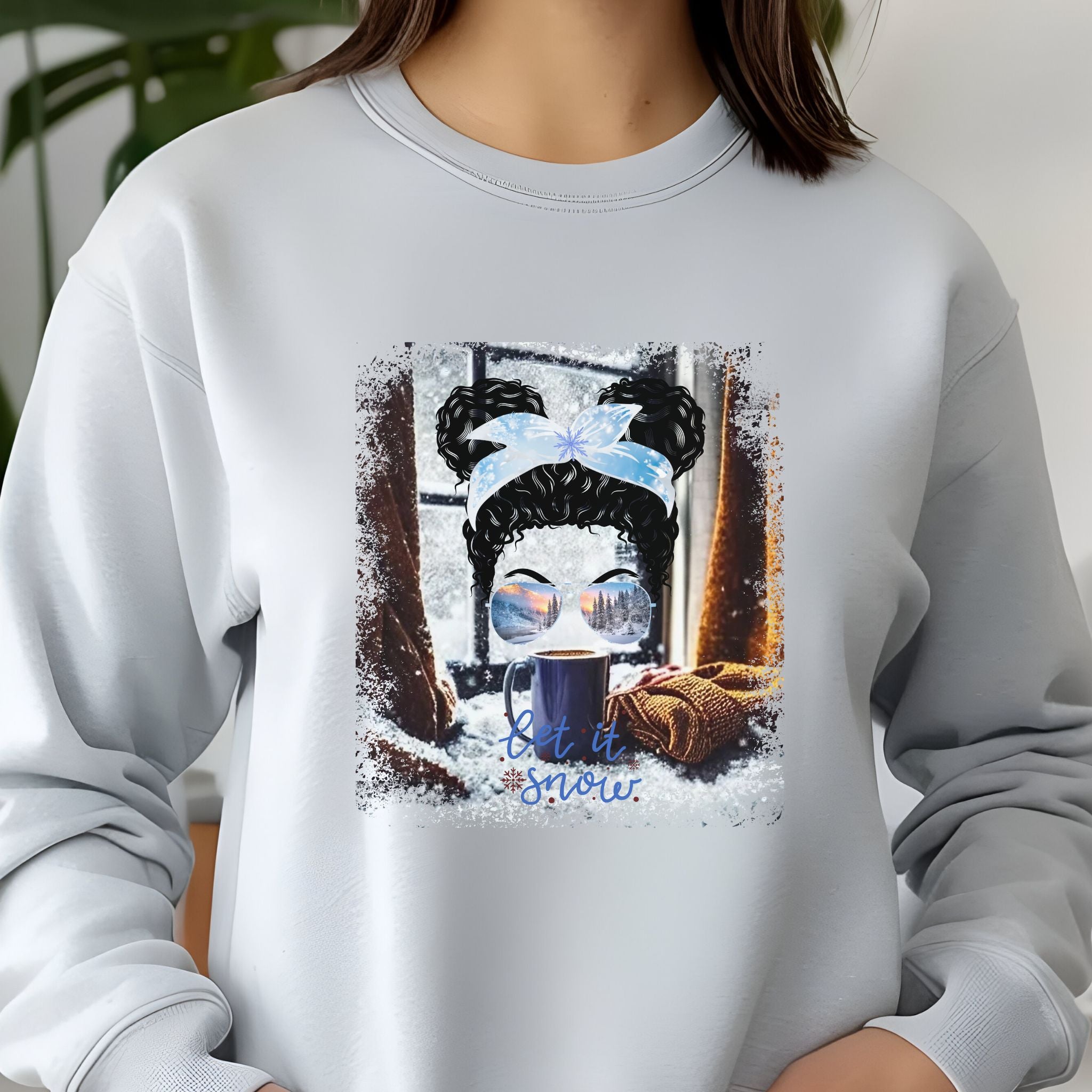 Let it Snow Winter Home, Black Hair Messy Bun, Unisex Jersey Long Sleeve Tee