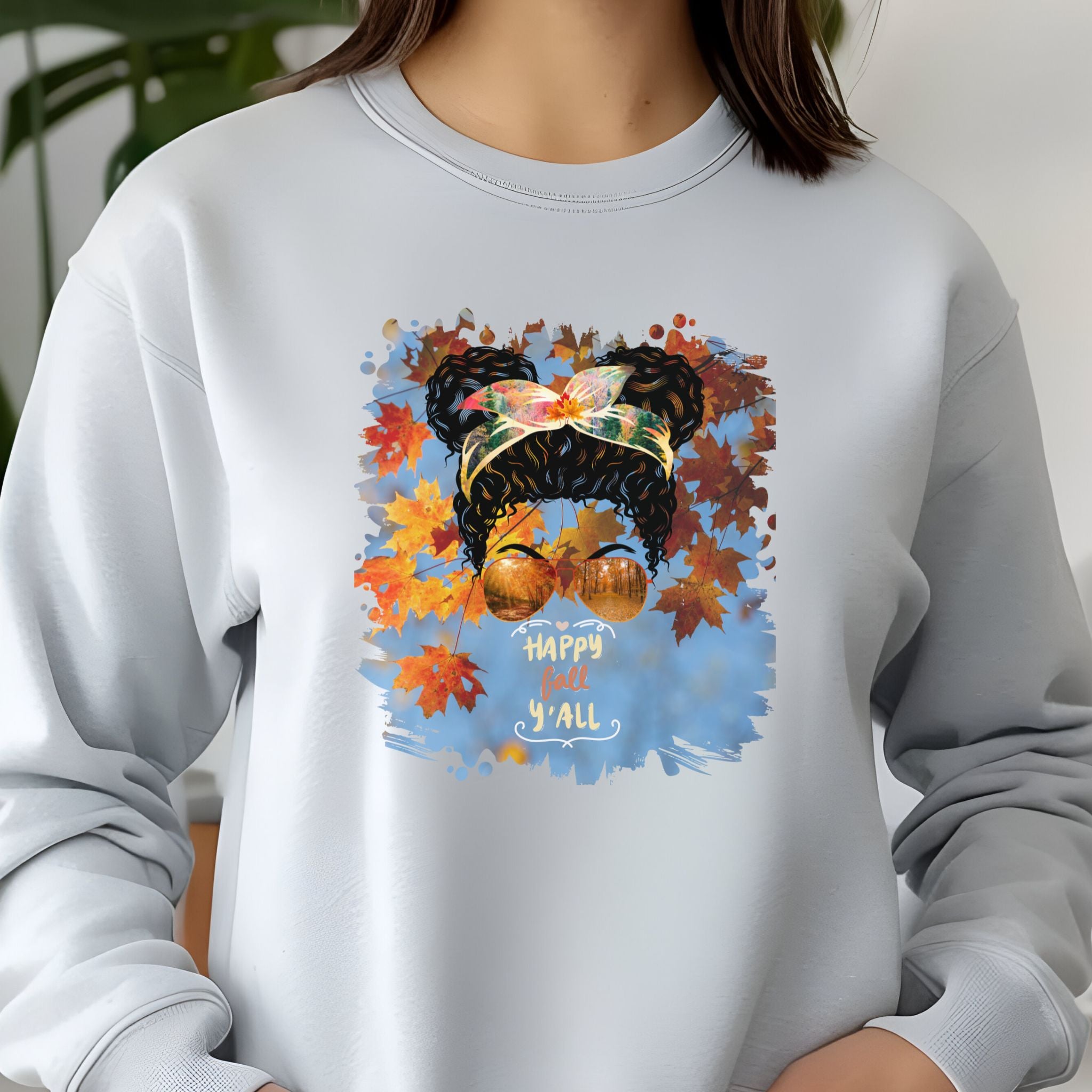 Happy Fall Y'all Fall Sky, Black Hair Messy Bun, Unisex Jersey Long Sleeve Tee