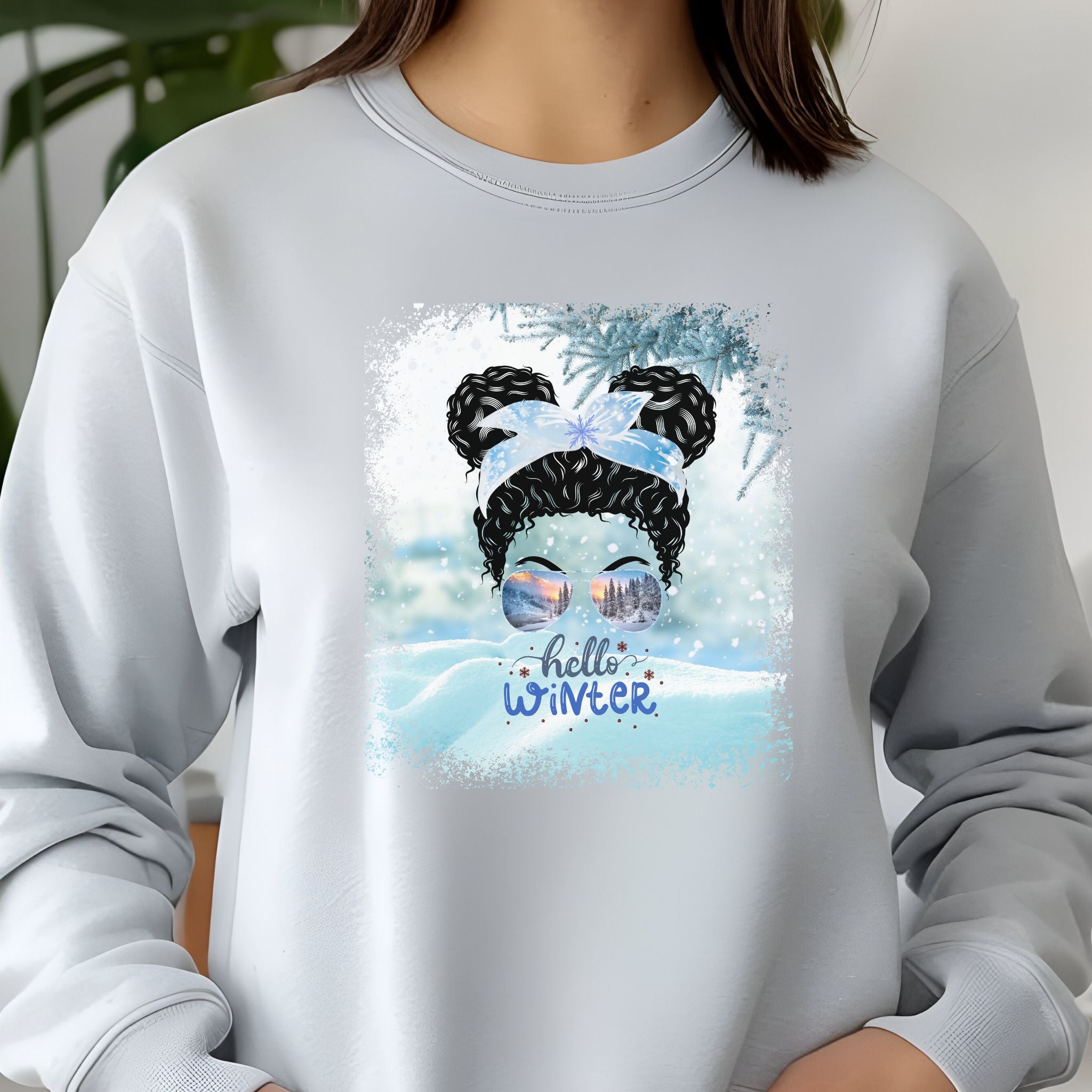 Hello Winter Snow, Black Hair Messy Bun, Unisex Jersey Long Sleeve Tee