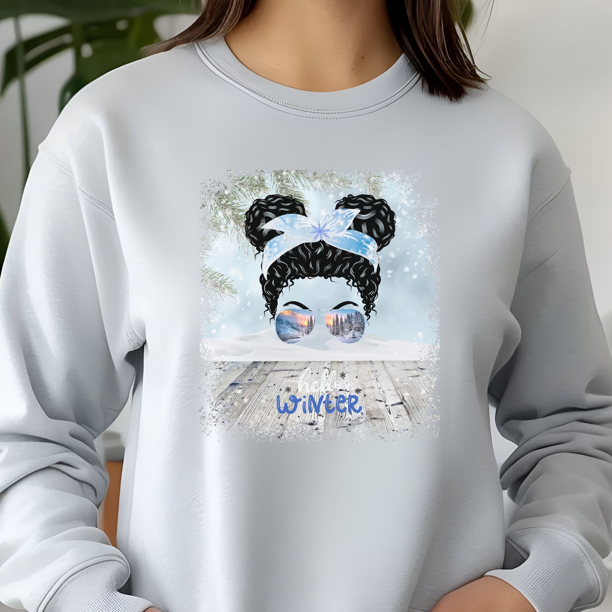 Hello Winter, Winter Snowy Porch, Black Hair Messy Bun, Unisex Jersey Long Sleeve Tee