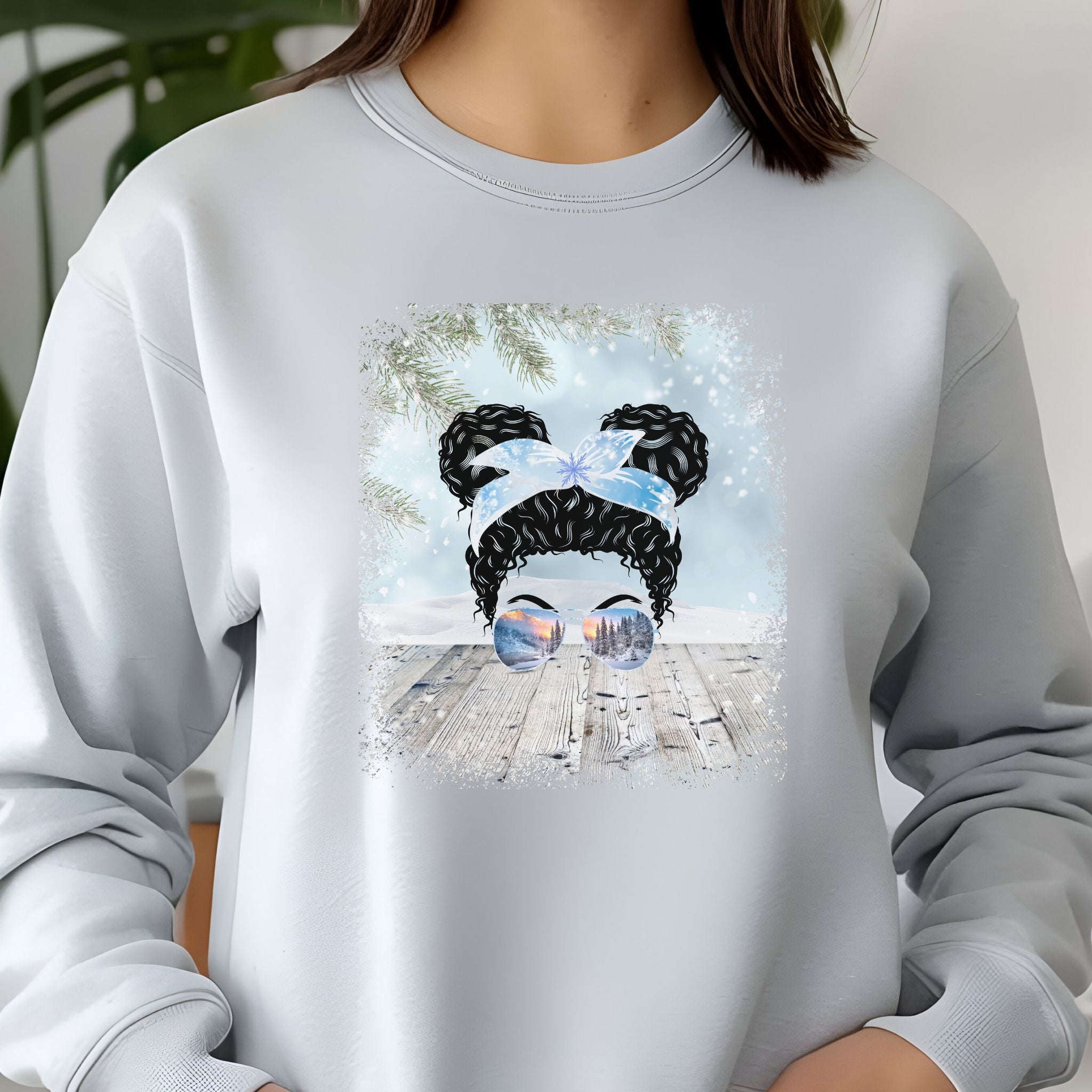 Winter Snowy Porch, Black Hair Messy Bun, Unisex Jersey Long Sleeve Tee