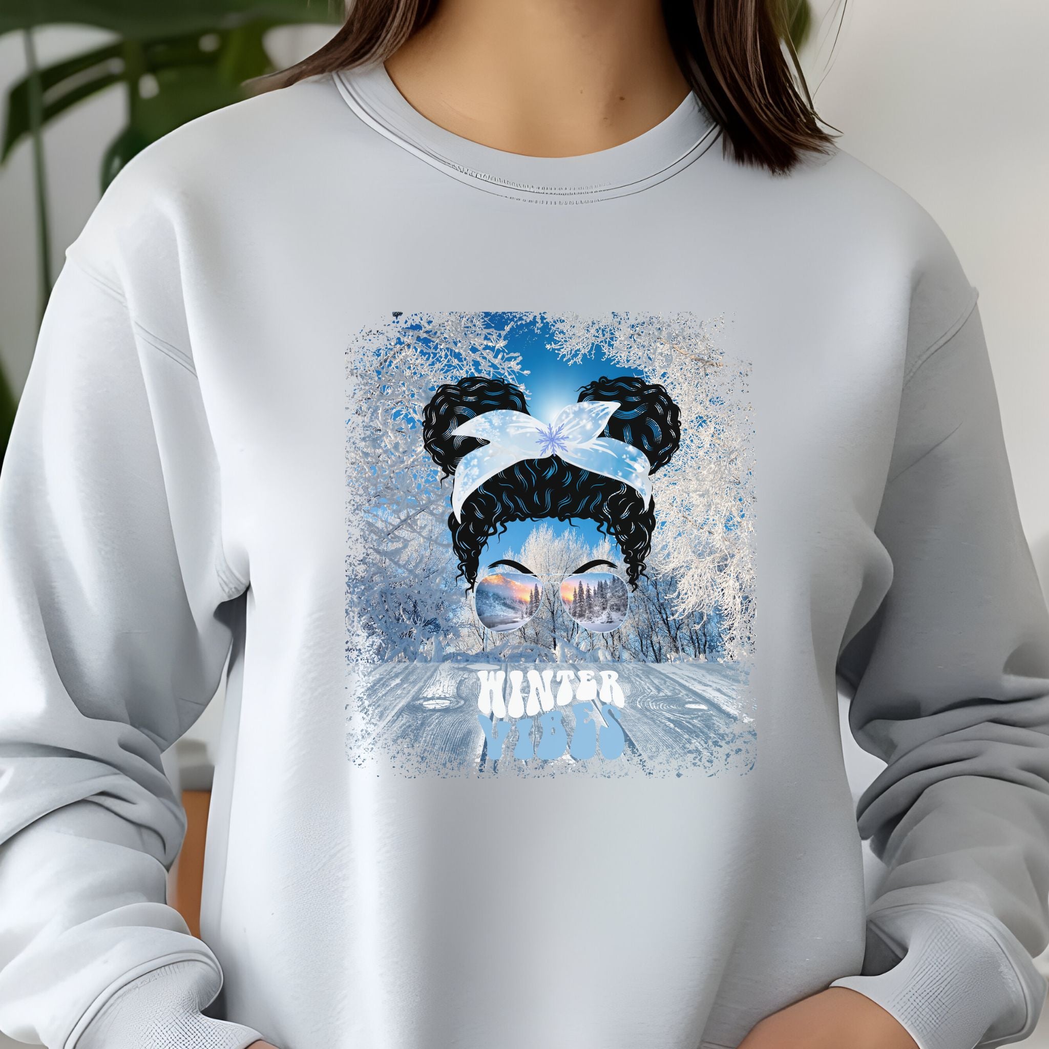 Winter Vibes Winter Sunny Porch, Black Hair Messy Bun, Unisex Jersey Long Sleeve Tee