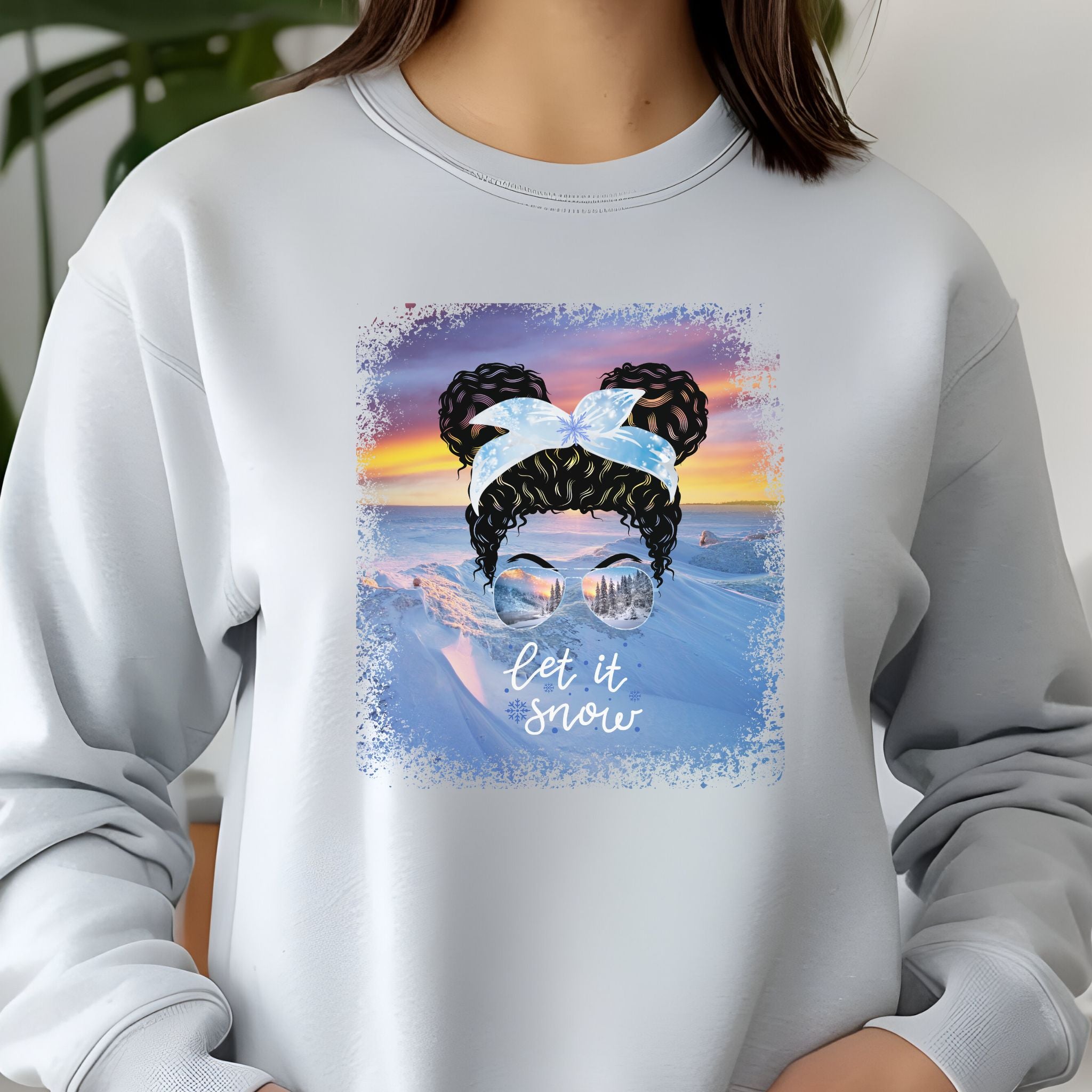 Let it Snow Winter Mountain, Black Hair Messy Bun, Unisex Jersey Long Sleeve Tee