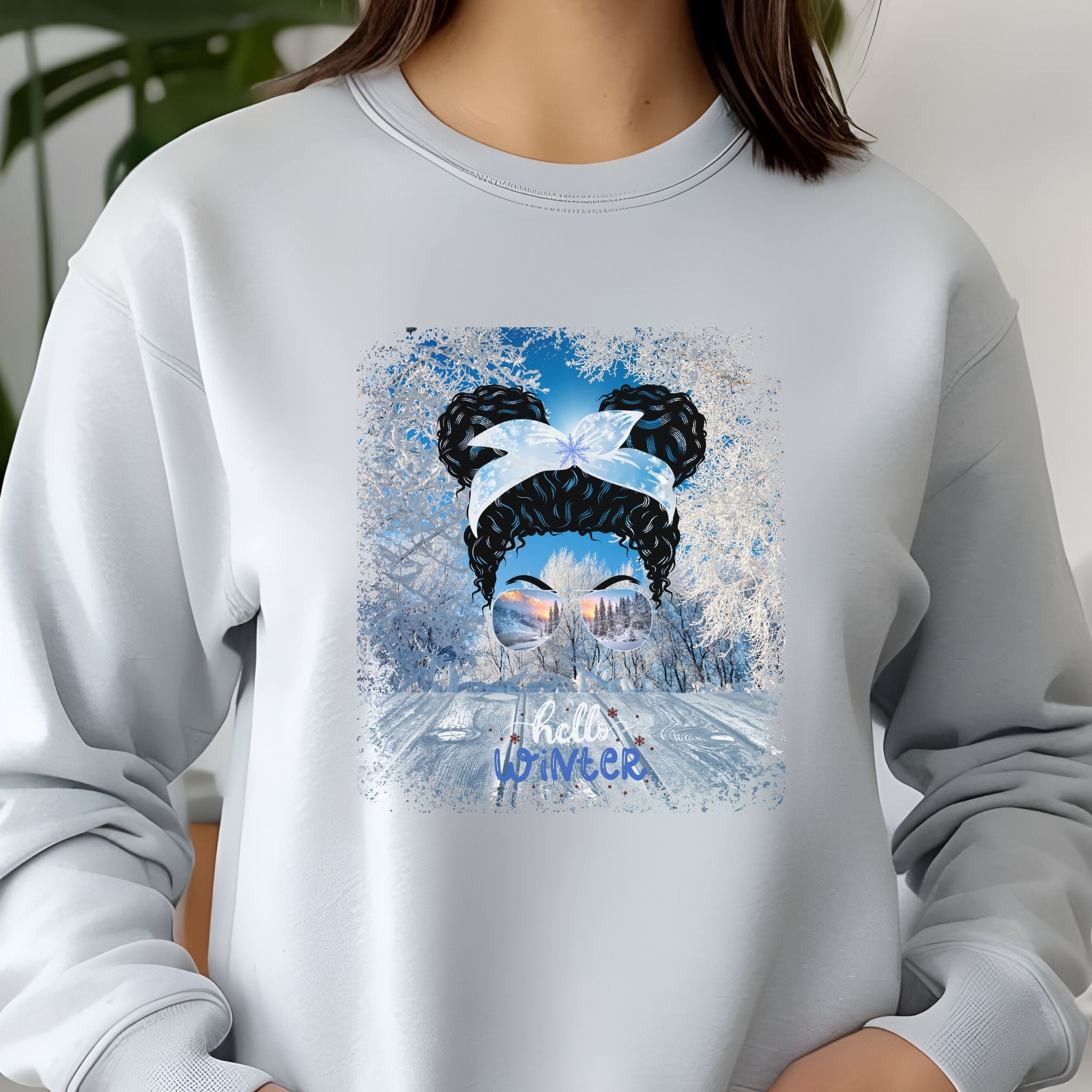 Hello Winter, Winter Sunny Porch, Black Hair Messy Bun, Unisex Jersey Long Sleeve Tee