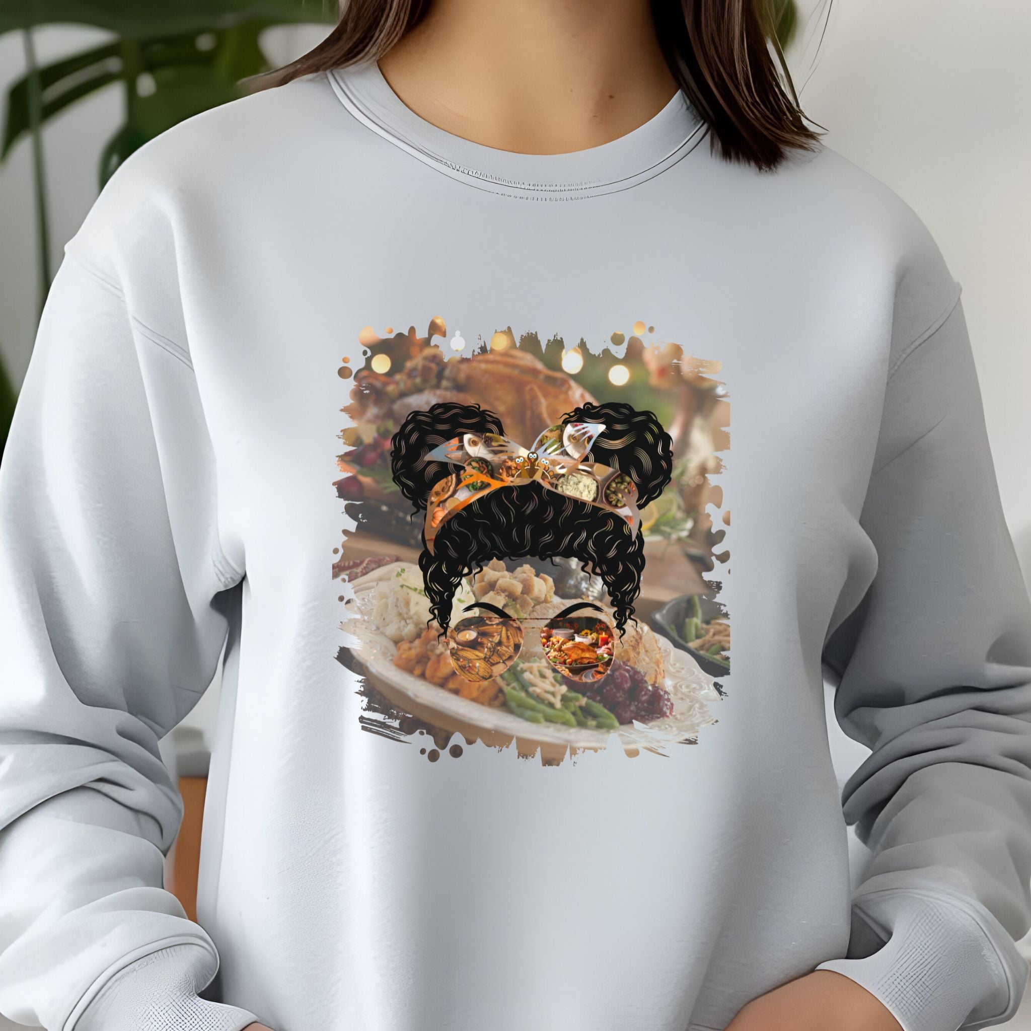 Thanksgiving Dinner, Black Hair Messy Bun, Unisex Jersey Long Sleeve Tee