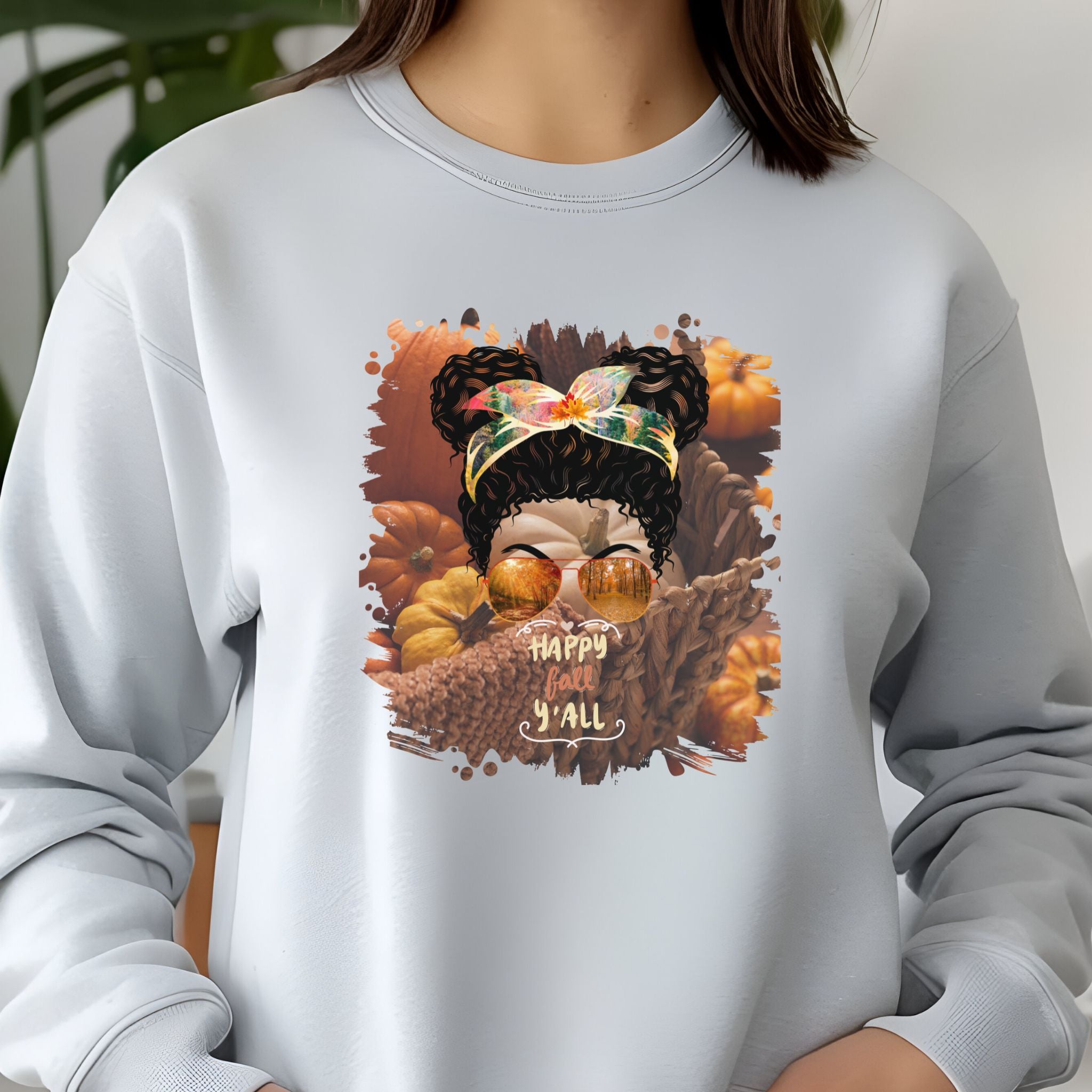 Happy Fall Y'all Fall Pumpkins, Black Hair Messy Bun, Unisex Jersey Long Sleeve Tee