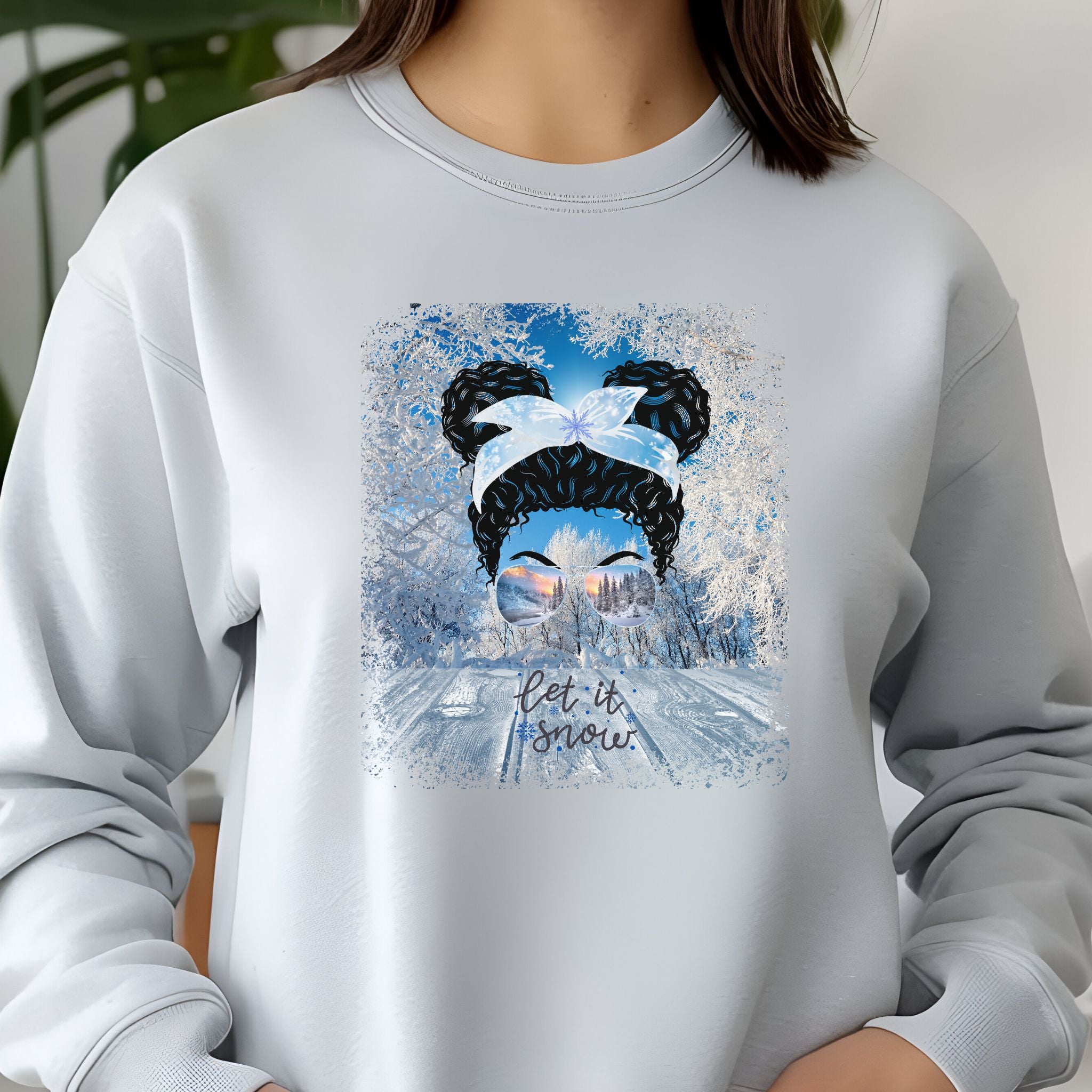 Let it Snow Winter Sunny Porch, Black Hair Messy Bun, Unisex Jersey Long Sleeve Tee