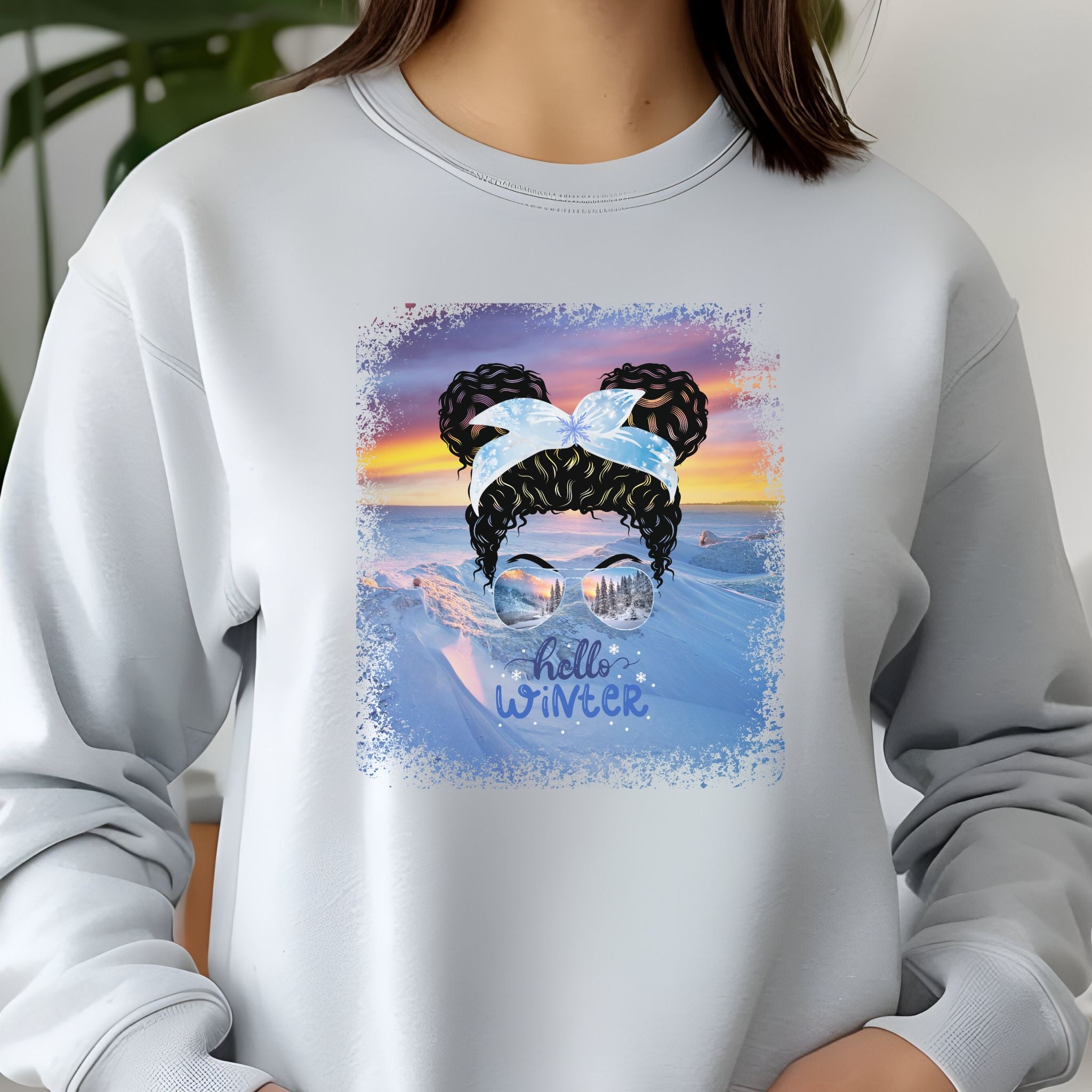 Hello Winter, Winter Mountain, Black Hair Messy Bun, Unisex Jersey Long Sleeve Tee