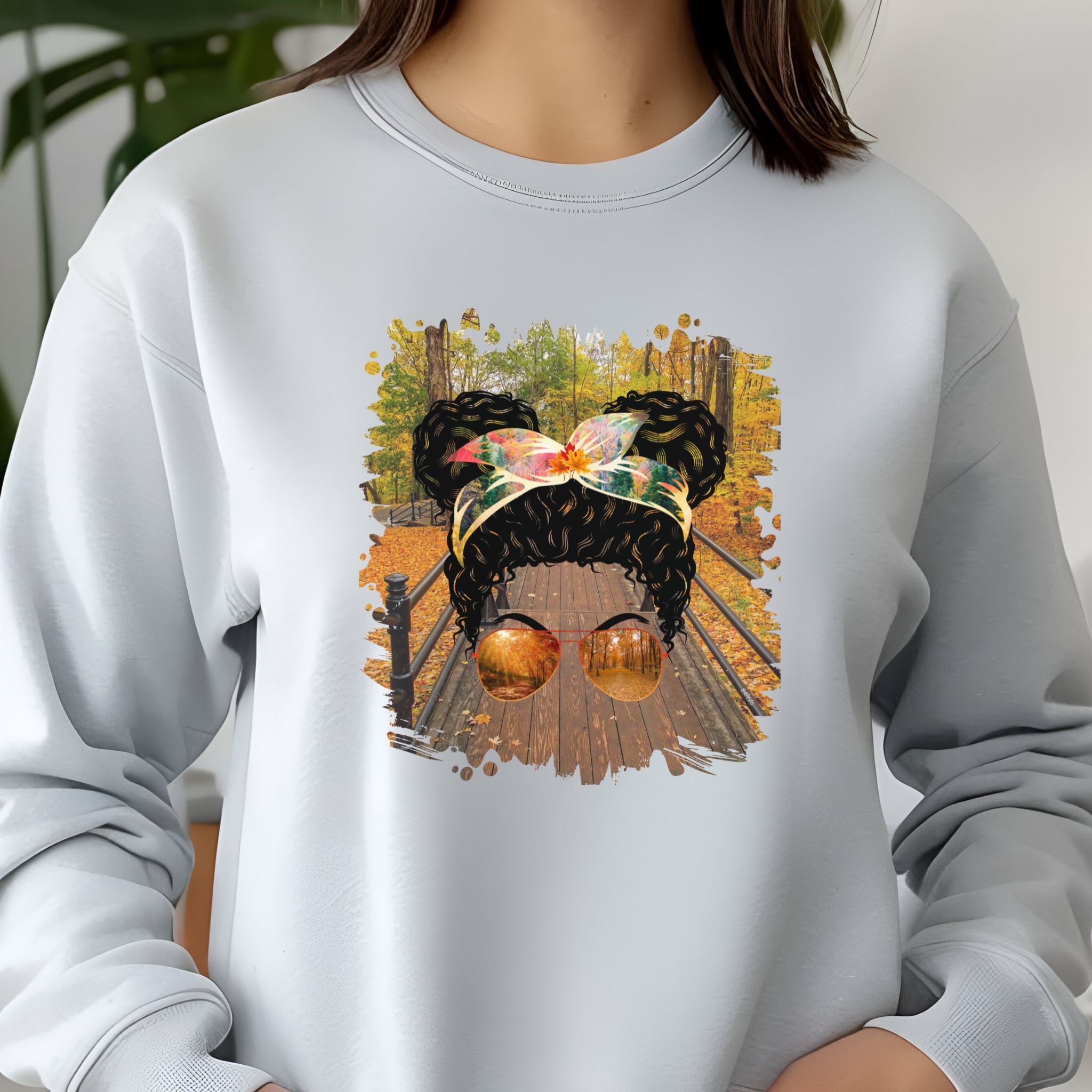 Fall Hike, Black Hair Messy Bun, Unisex Jersey Long Sleeve Tee