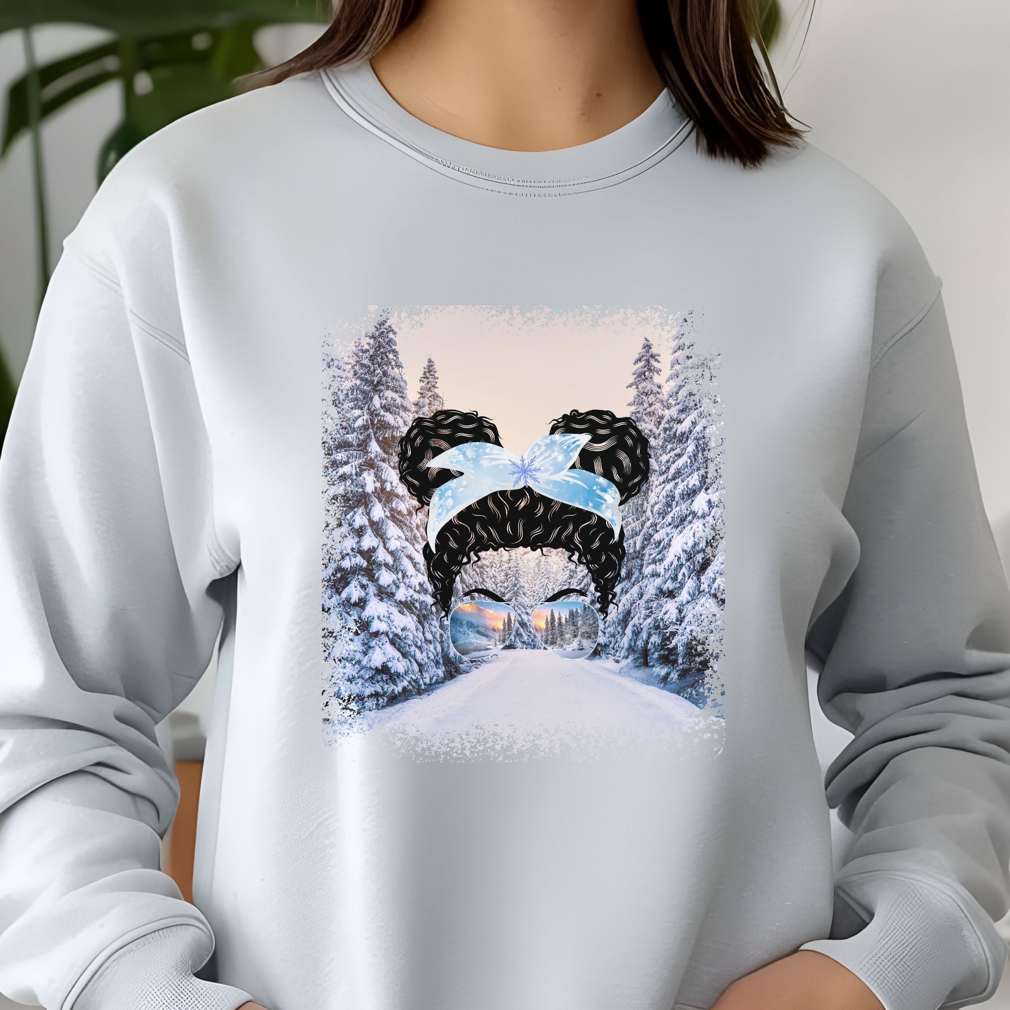 Winter Trail, Black Hair Messy Bun, Unisex Jersey Long Sleeve Tee