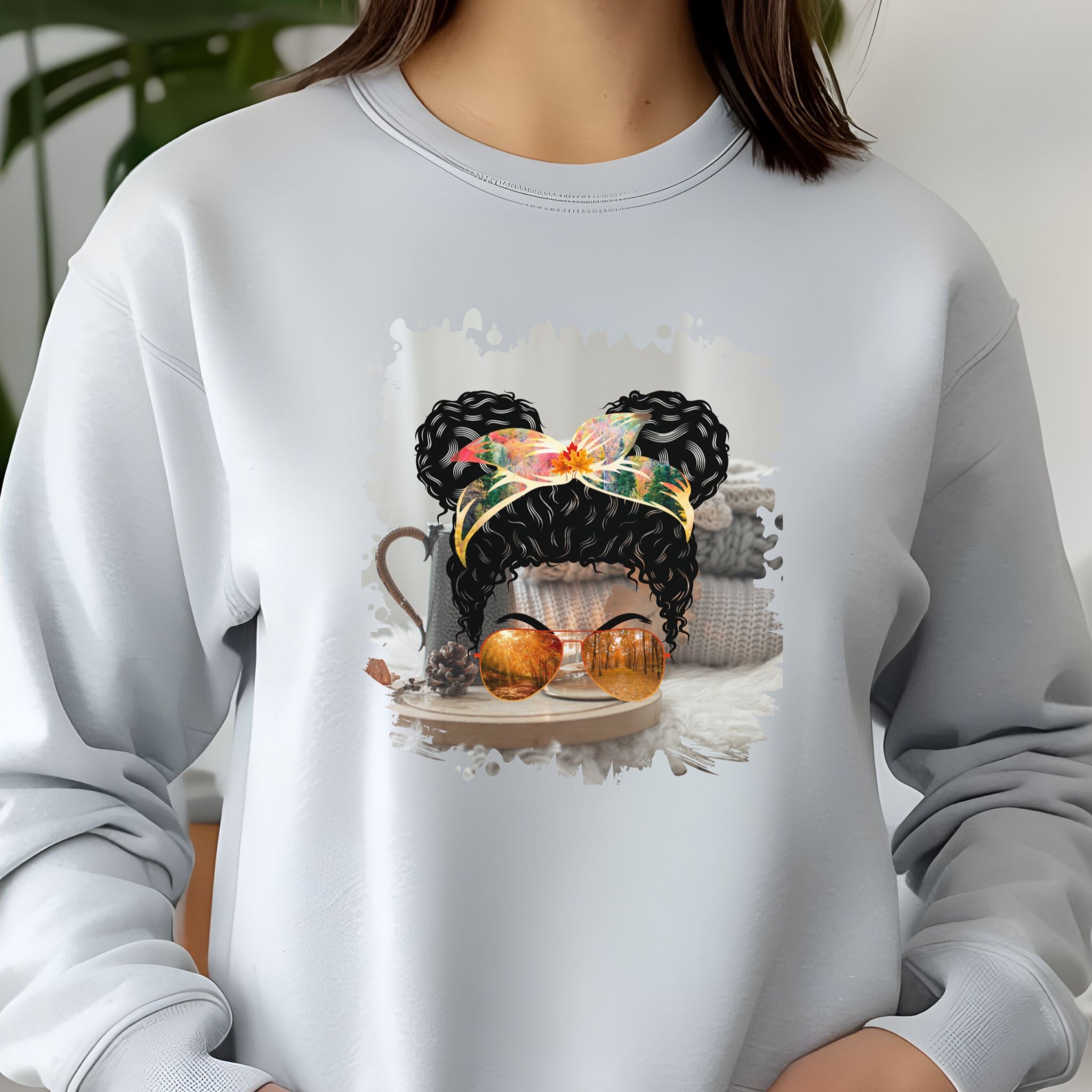 Fall Sweater, Black Hair Messy Bun, Unisex Jersey Long Sleeve Tee