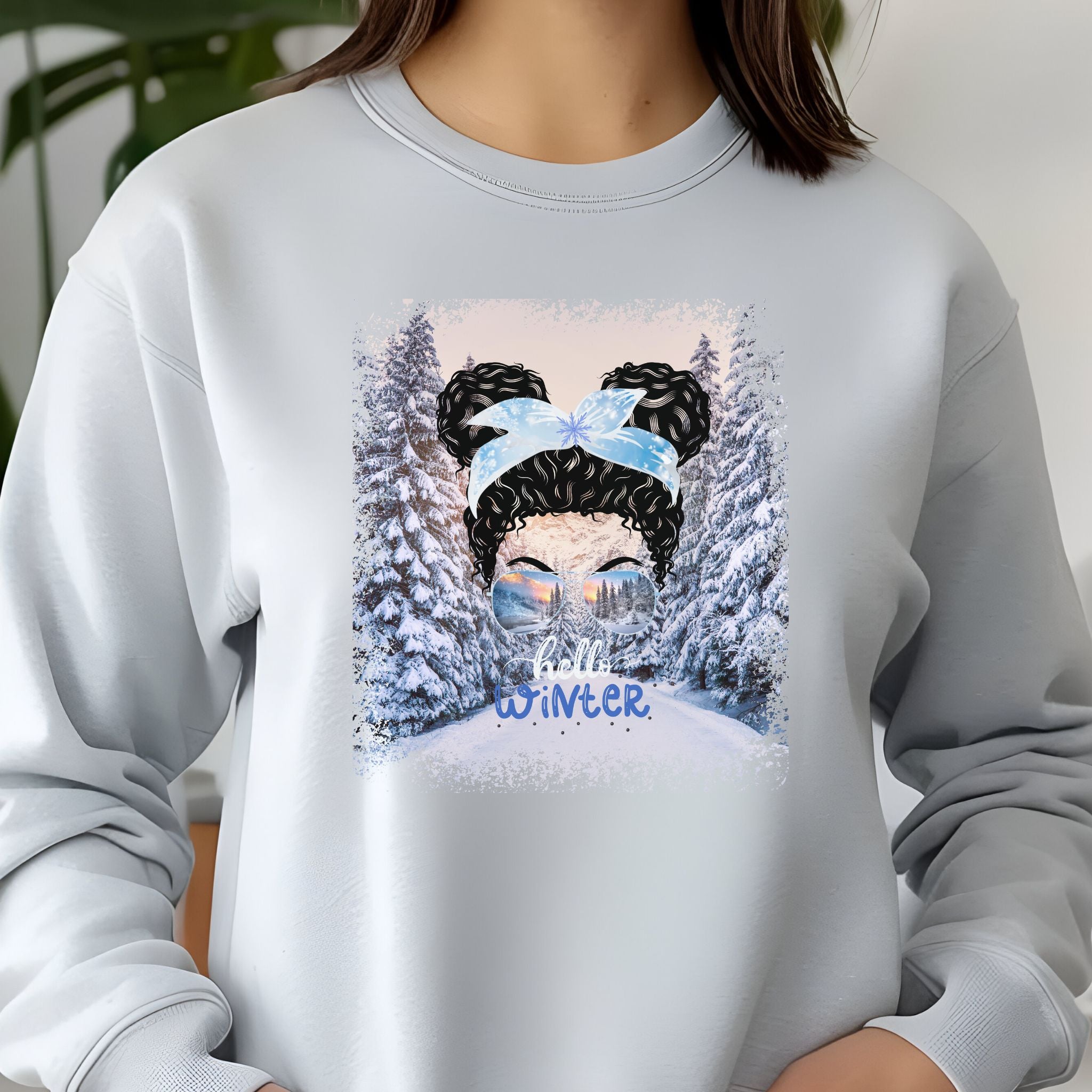 Hello Winter, Winter Trail, Black Hair Messy Bun, Unisex Jersey Long Sleeve Tee