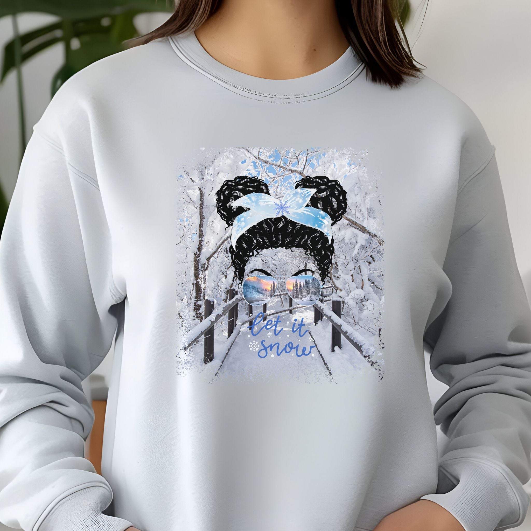 Let it Snow Winter Hike, Black Hair Messy Bun, Unisex Jersey Long Sleeve Tee