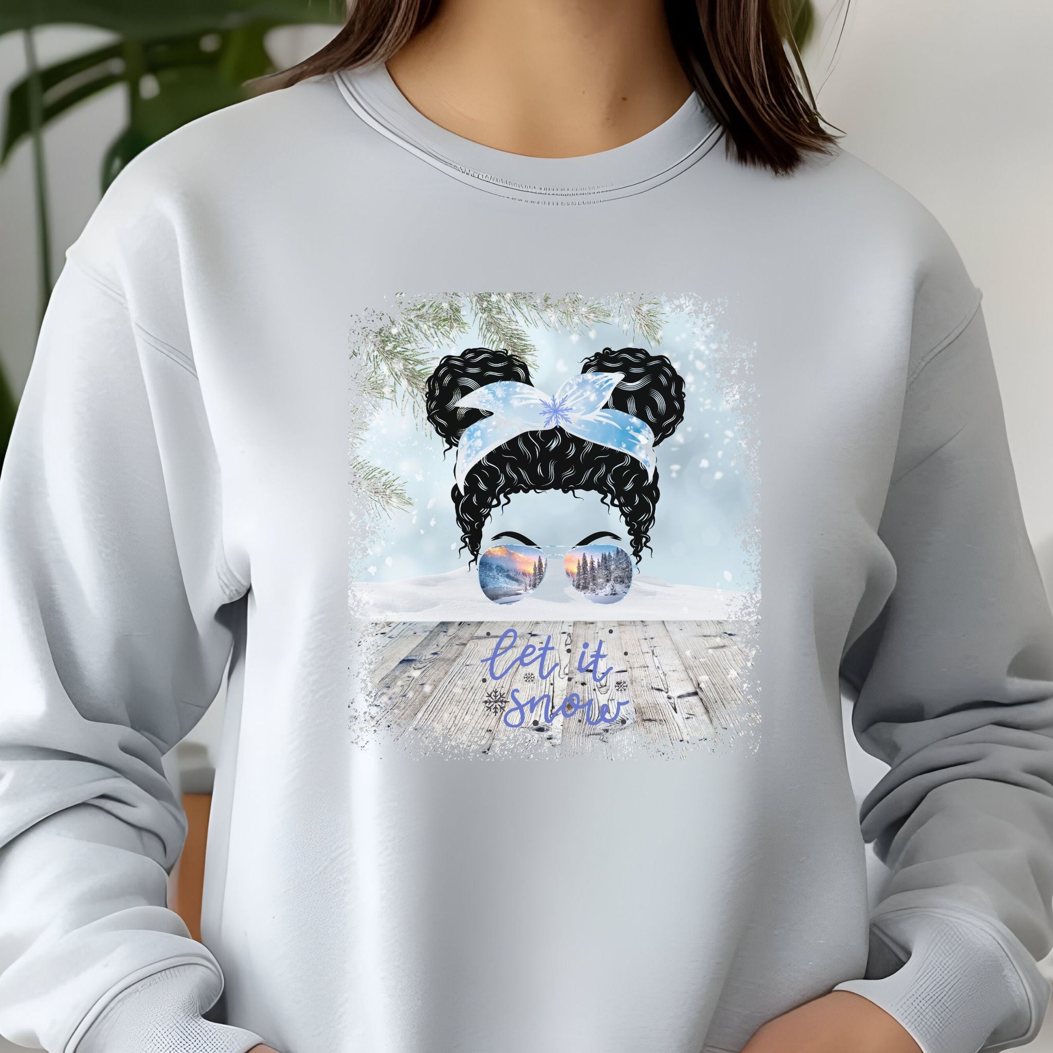 Let it Snow Winter Snowy Porch, Black Hair Messy Bun, Unisex Jersey Long Sleeve Tee