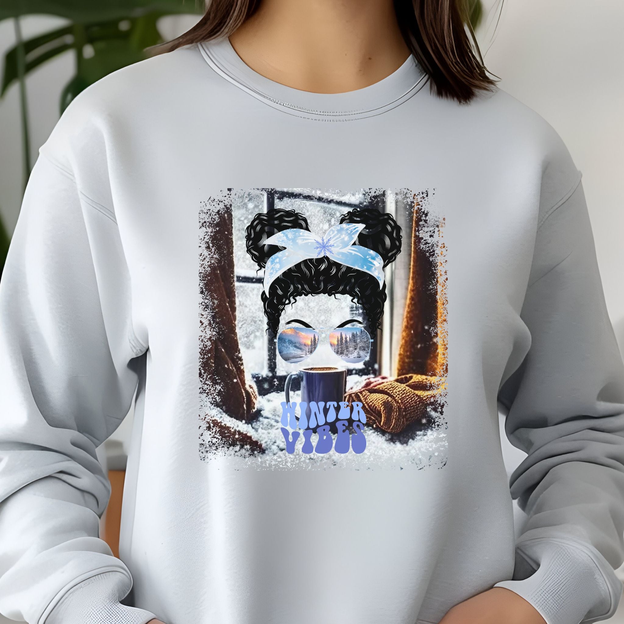 Winter Vibes Winter Home, Black Hair Messy Bun, Unisex Jersey Long Sleeve Tee