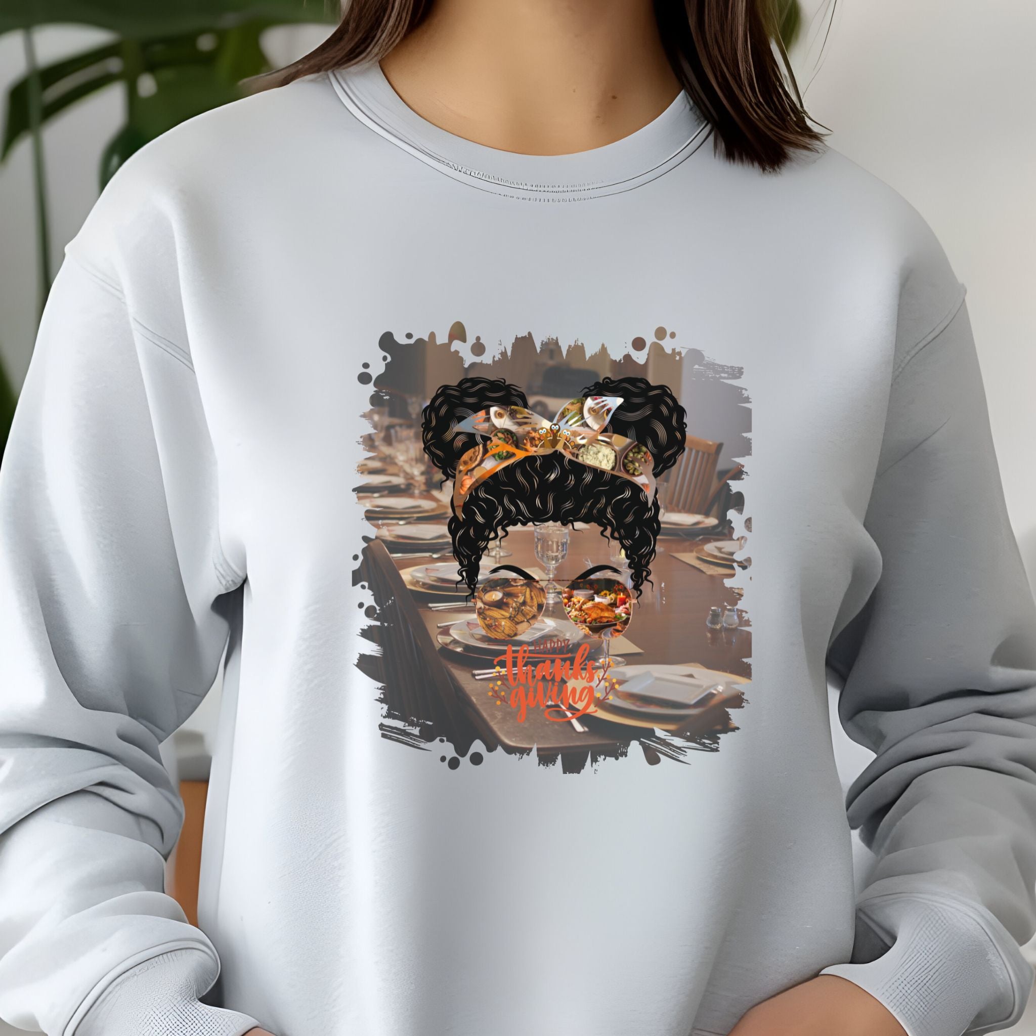 Happy Thanksgiving Table Setting, Black Hair Messy Bun, Unisex Jersey Long Sleeve Tee