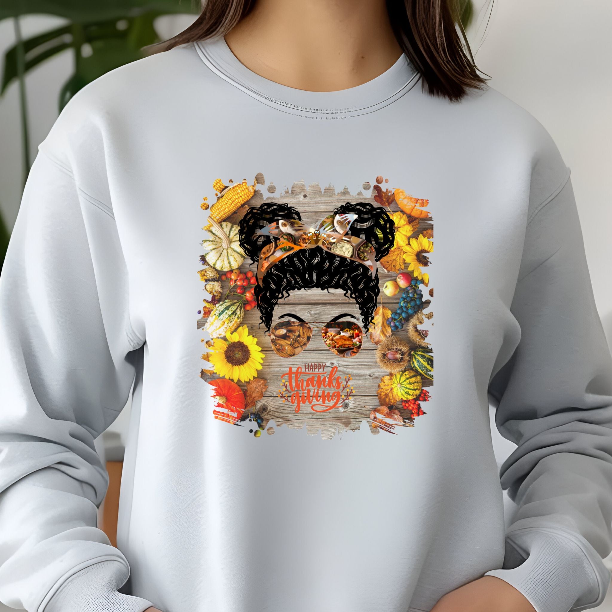 Happy Thanksgiving Decorated Background, Black Hair Messy Bun, Unisex Jersey Long Sleeve Tee