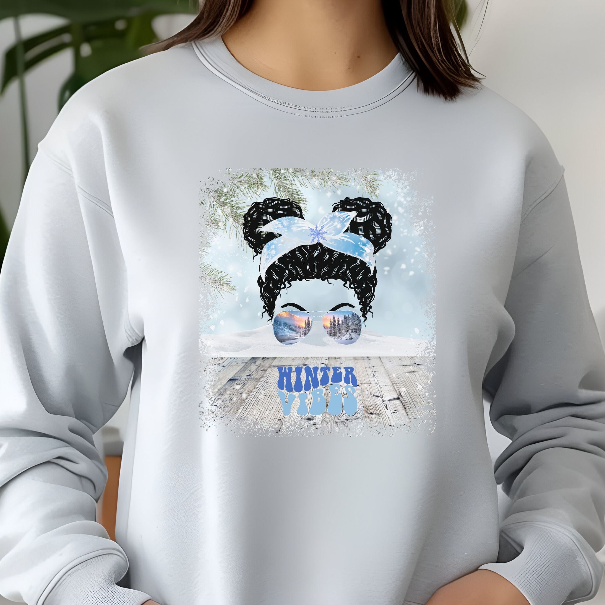 Winter Vibes Winter Snowy Porch, Black Hair Messy Bun, Unisex Jersey Long Sleeve Tee