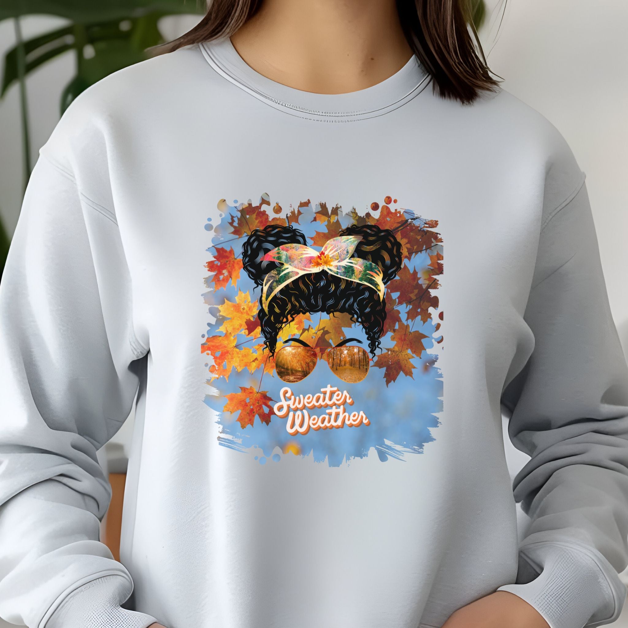 Sweater Weather Fall Sky, Black Hair Messy Bun, Unisex Jersey Long Sleeve Tee