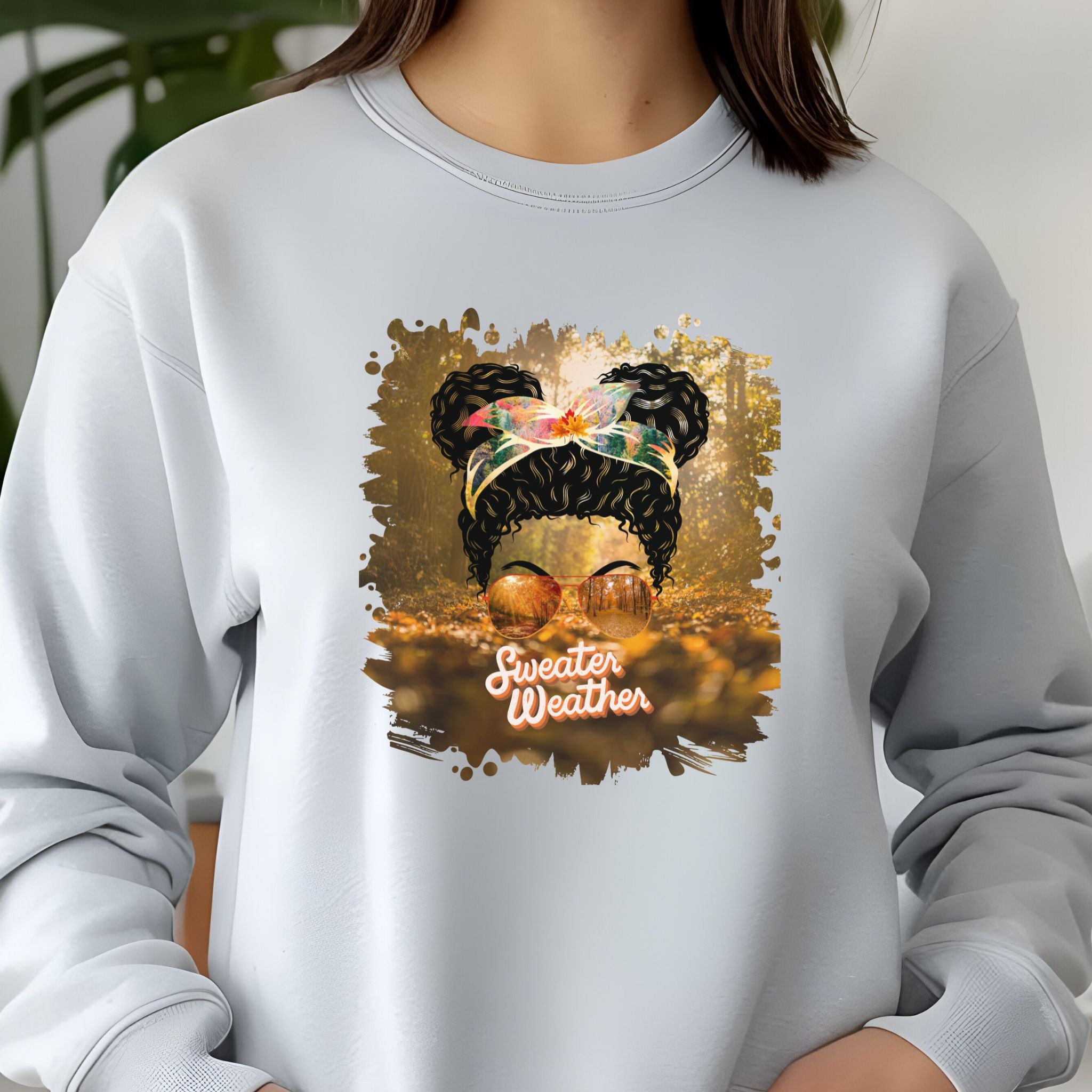 Sweater Weather Fall Forest, Black Hair Messy Bun, Unisex Jersey Long Sleeve Tee