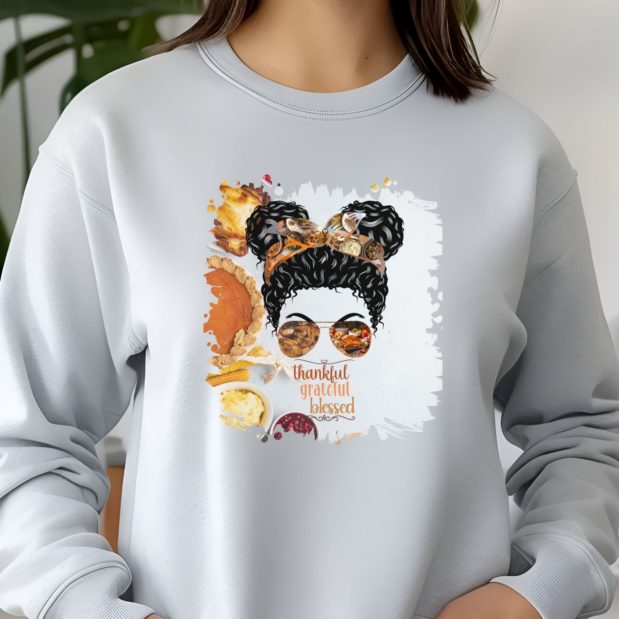 Thankful Grateful Blessed Thanksgiving Pie, Black Hair Messy Bun, Unisex Jersey Long Sleeve Tee