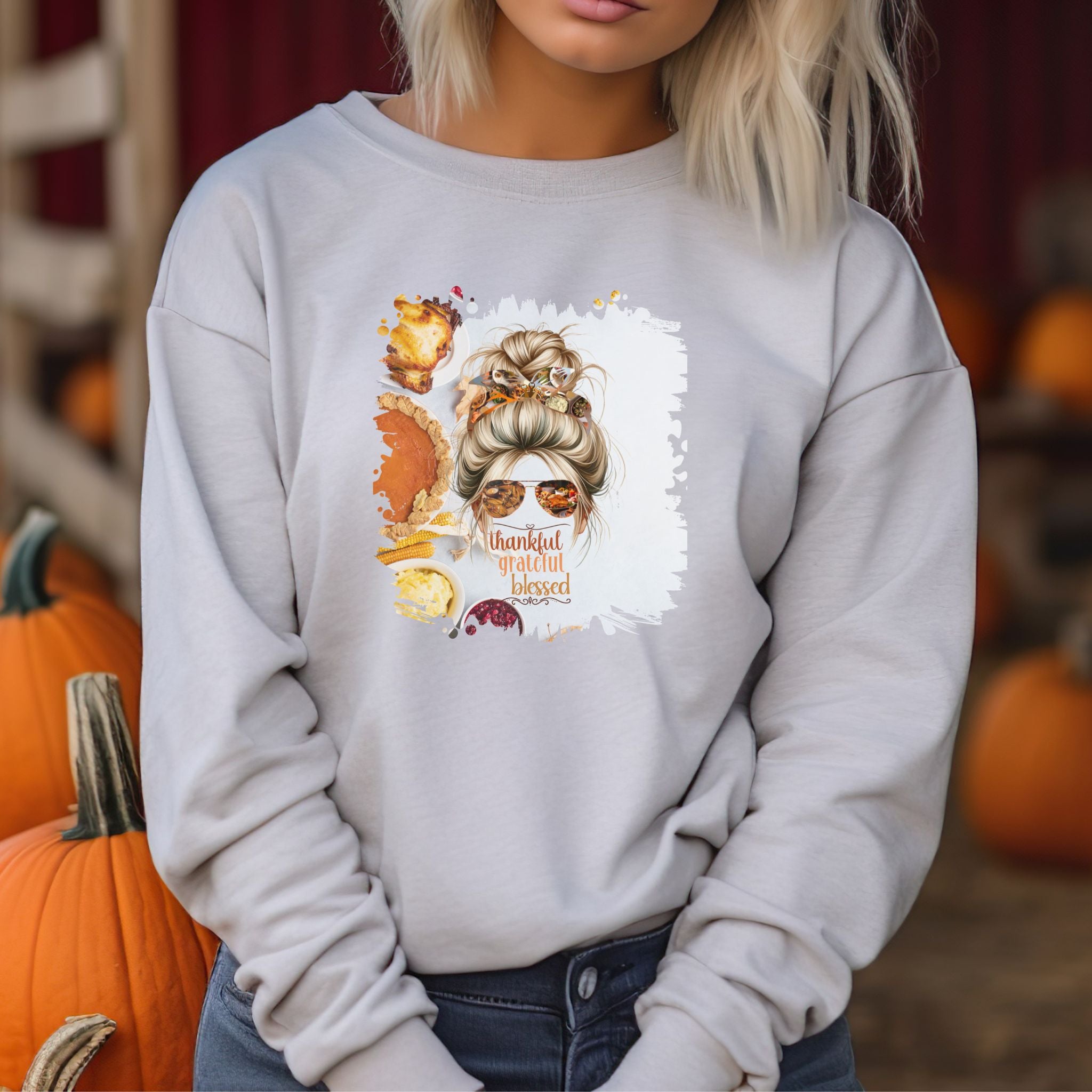 Thankful Grateful Blessed Thanksgiving Pie, Blond Hair Messy Bun, Unisex Heavy Blend™ Crewneck Sweatshirt