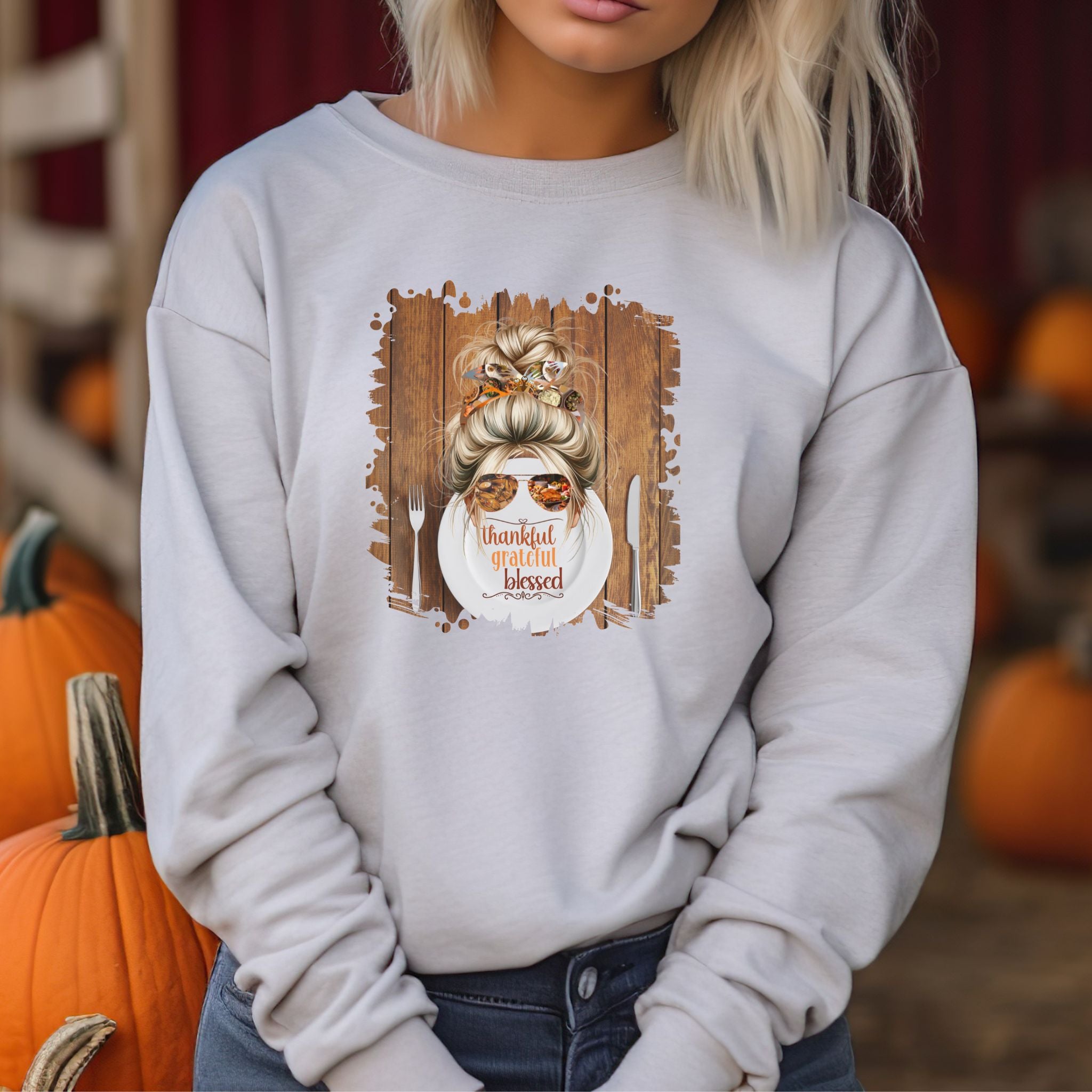 Thankful Grateful Blessed Plate Setting, Blond Hair Messy Bun, Unisex Heavy Blend™ Crewneck Sweatshirt