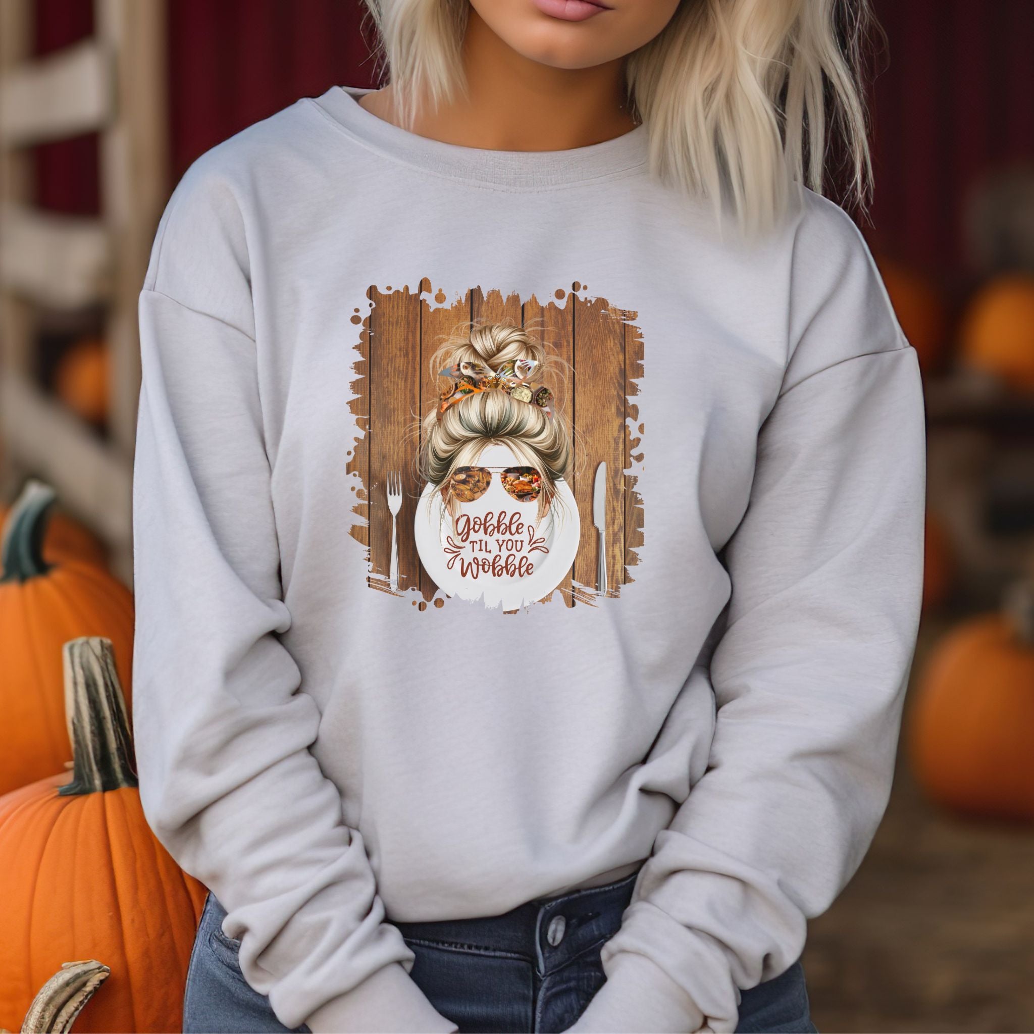 Gobble til You Wobble Plate Setting, Blond Hair Messy Bun, Unisex Heavy Blend™ Crewneck Sweatshirt