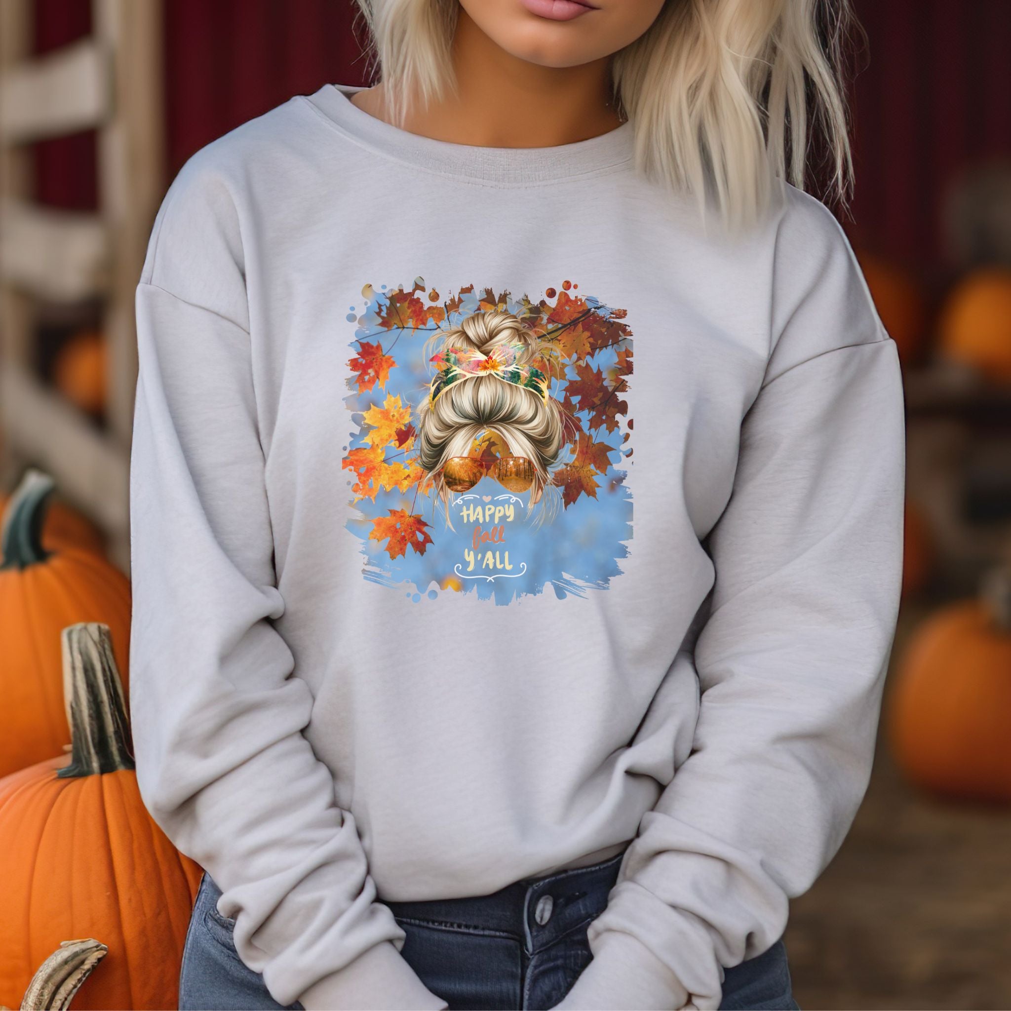 Happy Fall Y'all Fall Sky, Blond Hair Messy Bun, Unisex Heavy Blend™ Crewneck Sweatshirt