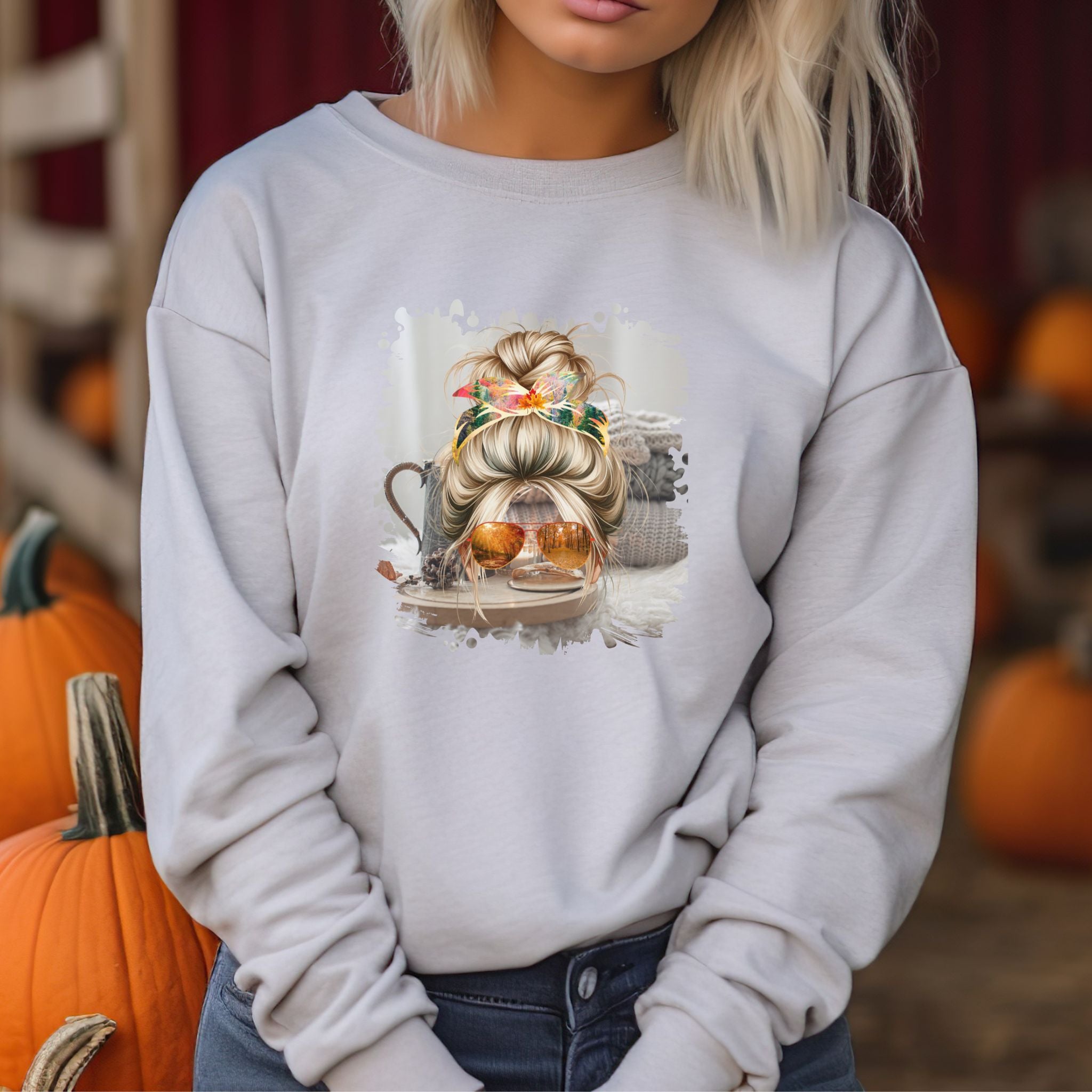 Fall Sweater, Blond Hair Messy Bun, Unisex Heavy Blend™ Crewneck Sweatshirt