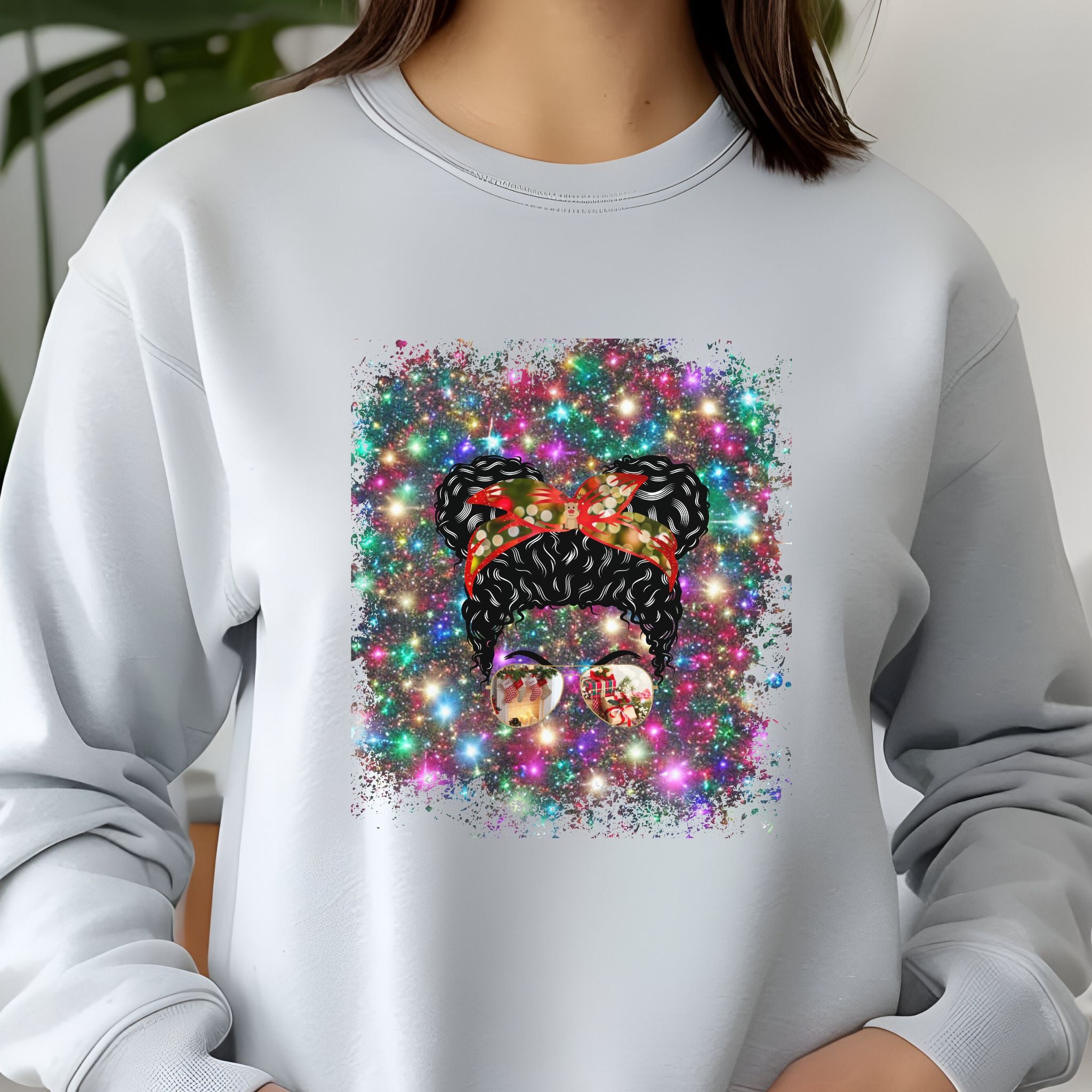 Christmas Lights, Black Hair Messy Bun, Unisex Jersey Long Sleeve Tee