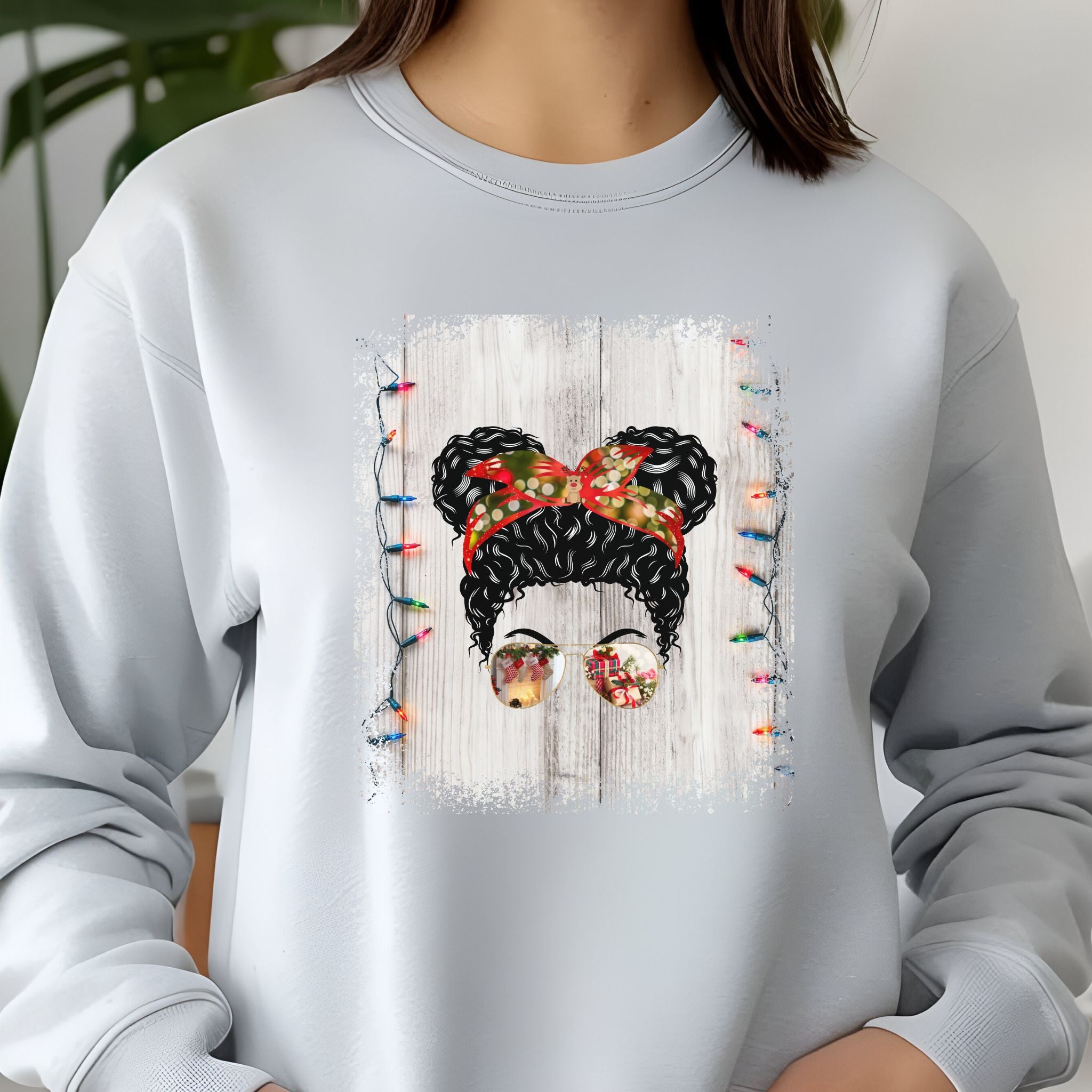 Christmas Lights String, Black Hair Messy Bun, Unisex Jersey Long Sleeve Tee