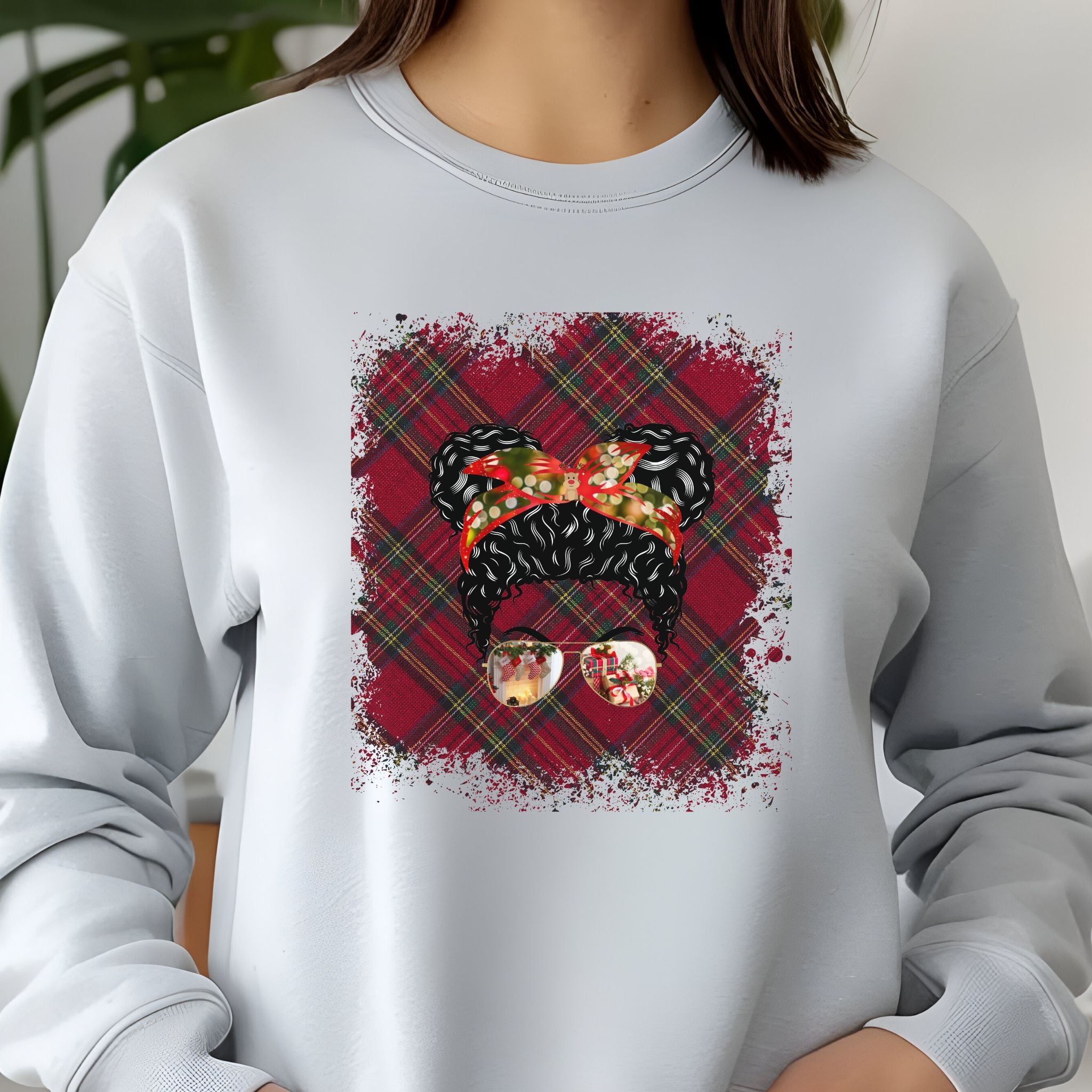 Christmas Plaid, Black Hair Messy Bun, Unisex Jersey Long Sleeve Tee