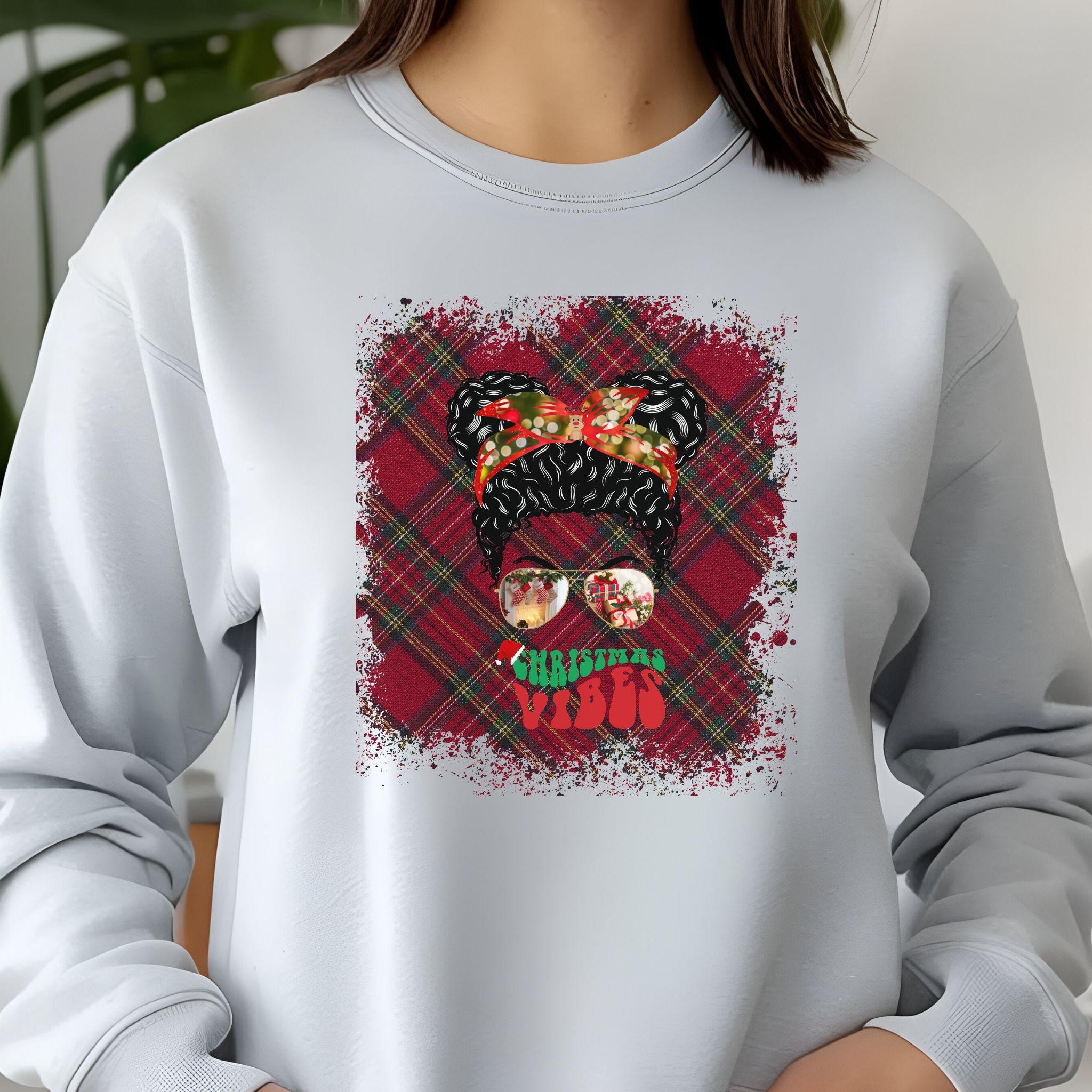 Christmas Vibes Christmas Plaid, Black Hair Messy Bun, Unisex Jersey Long Sleeve Tee