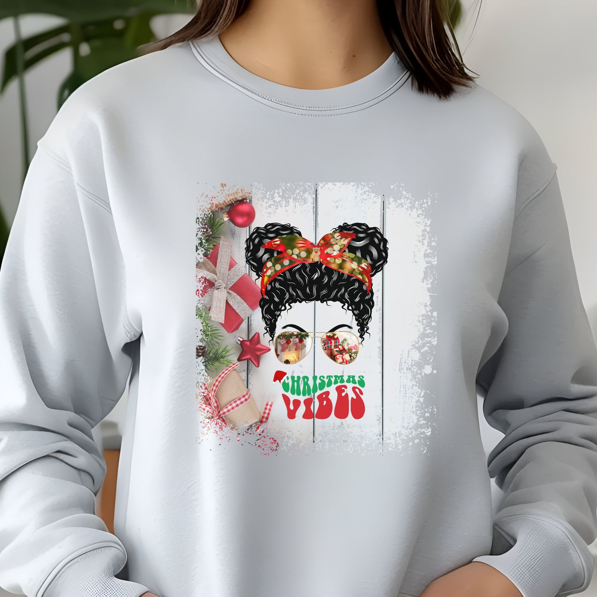 Christmas Vibes Christmas Presents, Black Hair Messy Bun, Unisex Jersey Long Sleeve Tee