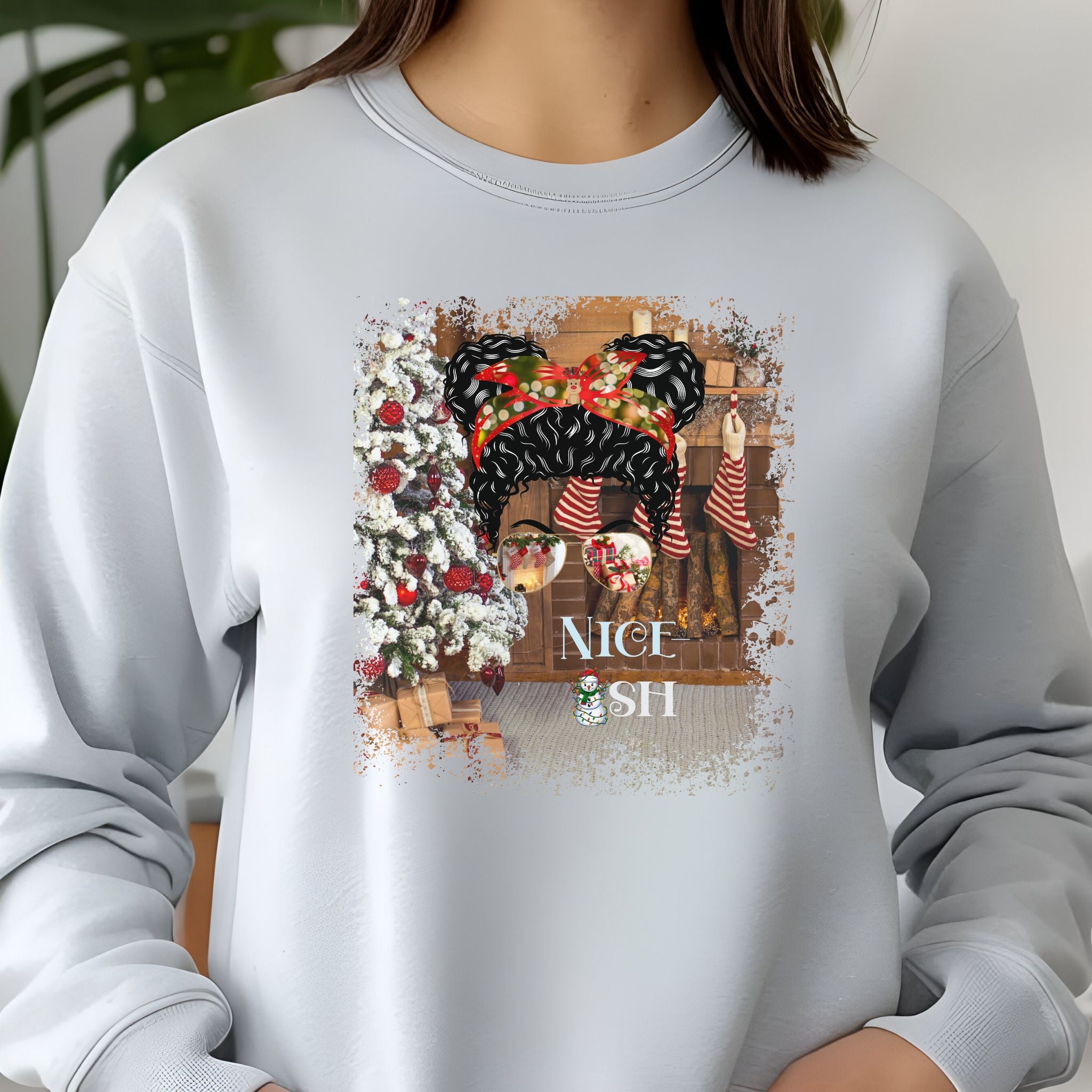 Nice-ish Christmas Home, Black Hair Messy Bun, Unisex Jersey Long Sleeve Tee