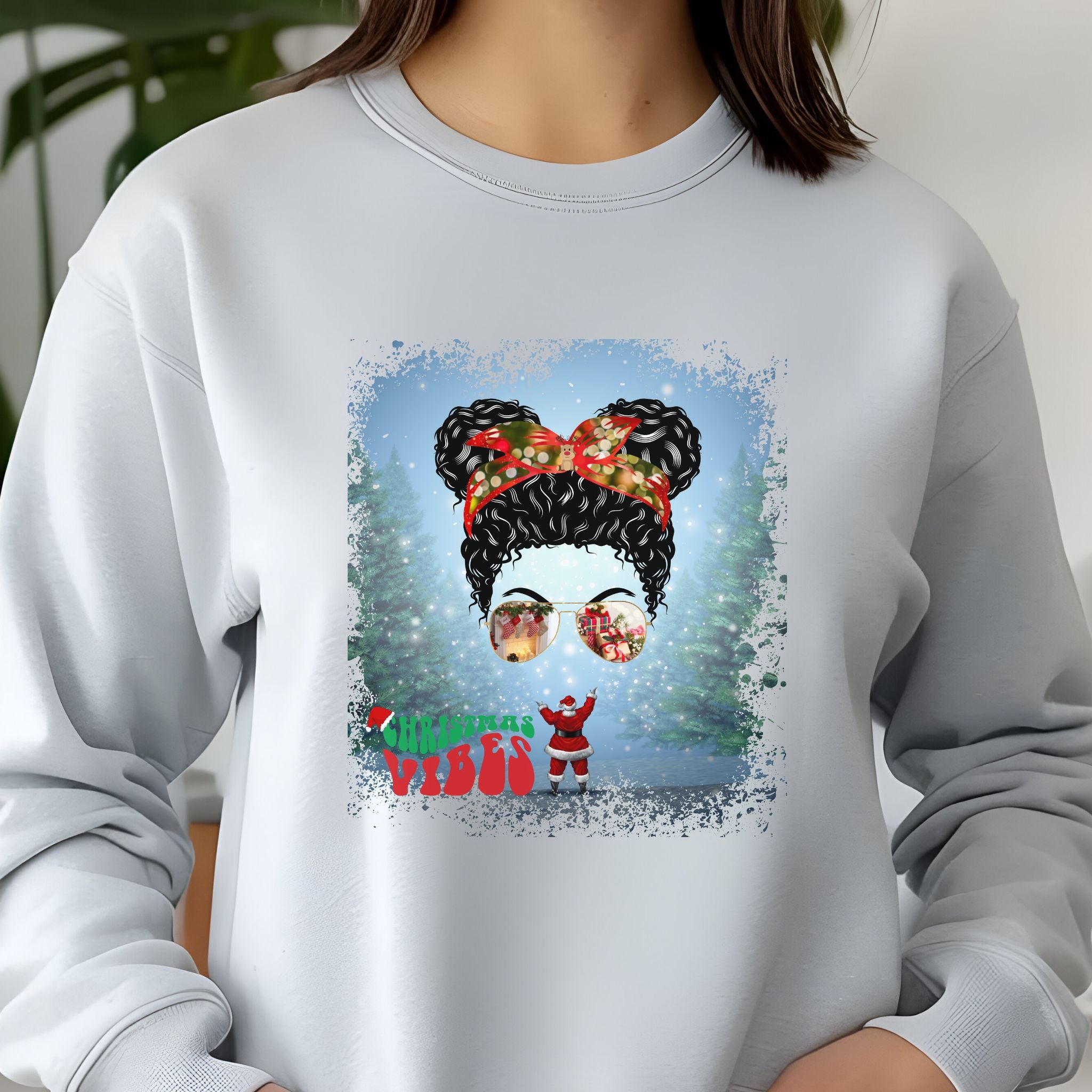 Christmas Vibes Santa, Black Hair Messy Bun, Unisex Jersey Long Sleeve Tee