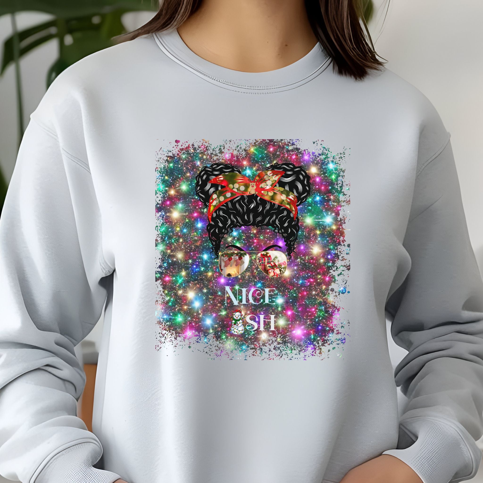 Nice-ish Christmas Lights, Black Hair Messy Bun, Unisex Jersey Long Sleeve Tee