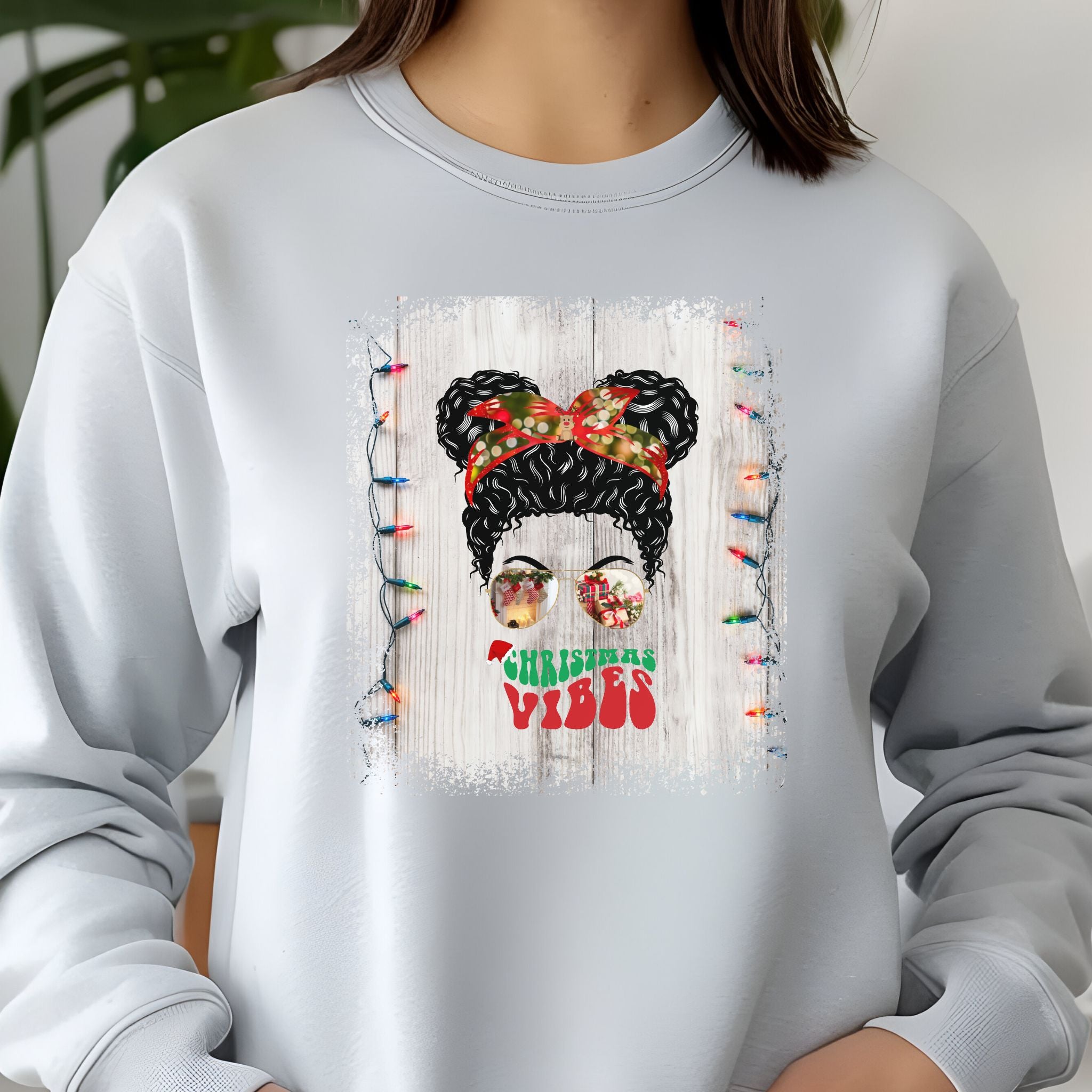 Christmas Vibes Christmas Lights String, Black Hair Messy Bun, Unisex Jersey Long Sleeve Tee