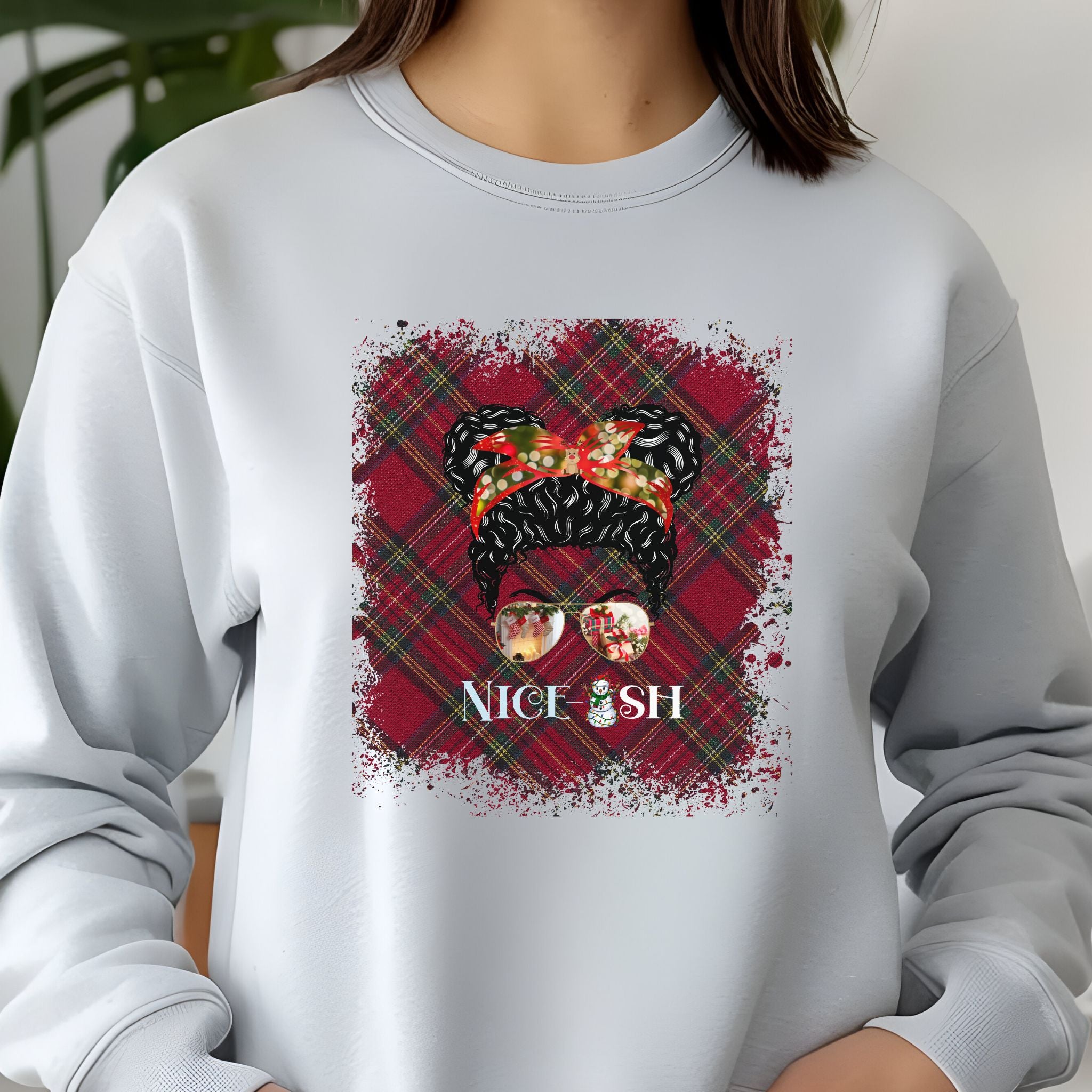 Nice-ish Christmas Plaid, Black Hair Messy Bun, Unisex Jersey Long Sleeve Tee