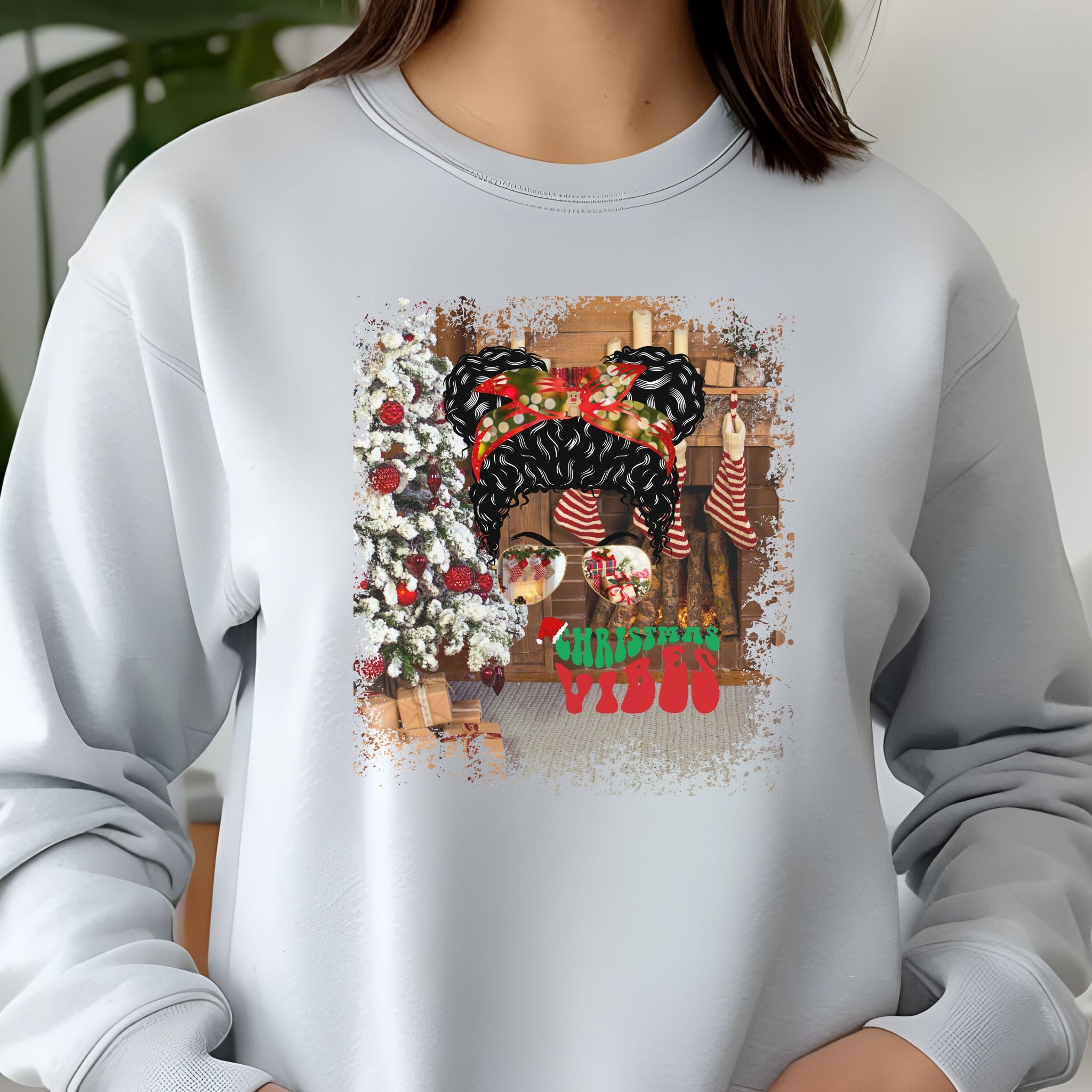 Christmas Vibes Christmas Home, Black Hair Messy Bun, Unisex Jersey Long Sleeve Tee