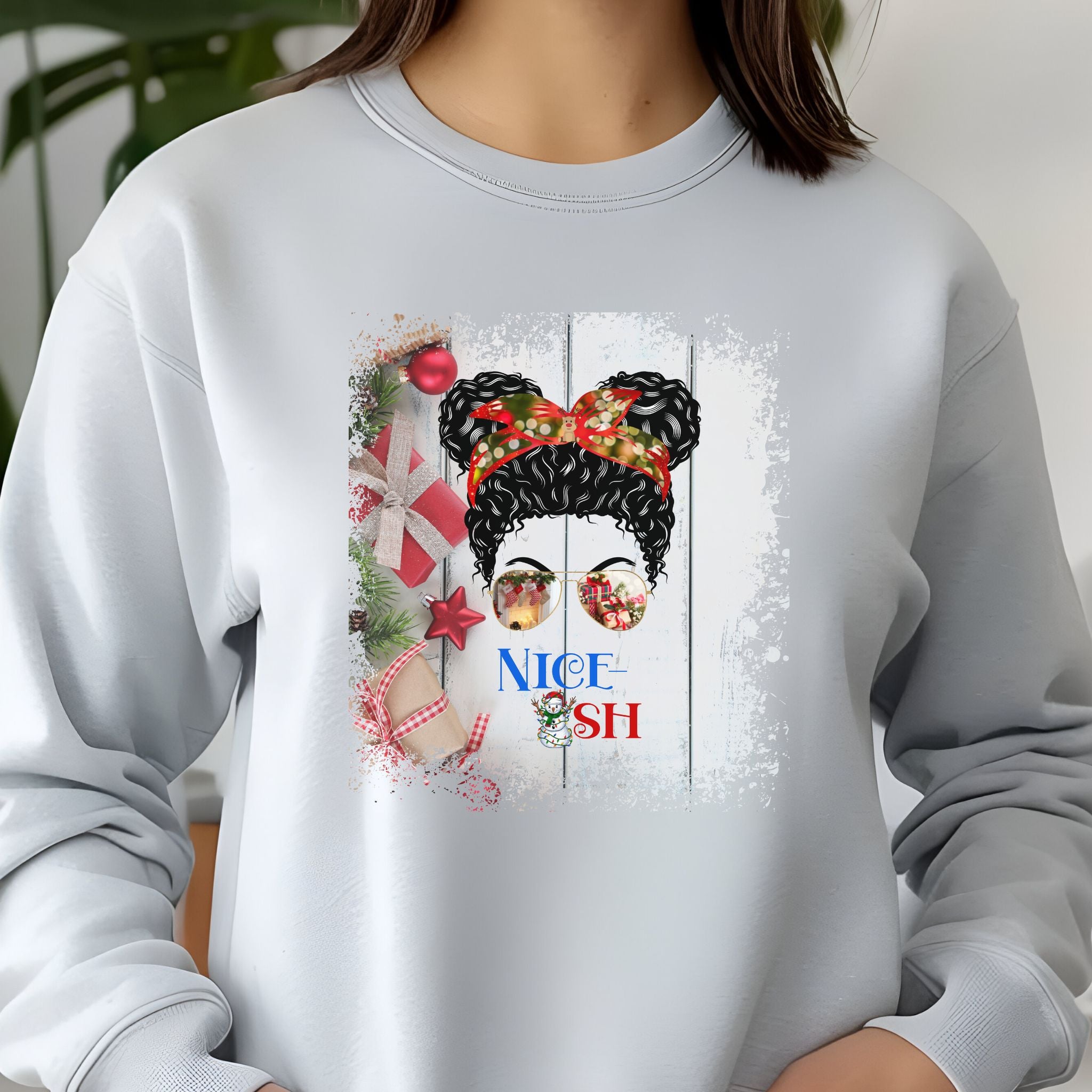 Nice-ish Christmas Presents, Black Hair Messy Bun, Unisex Jersey Long Sleeve Tee