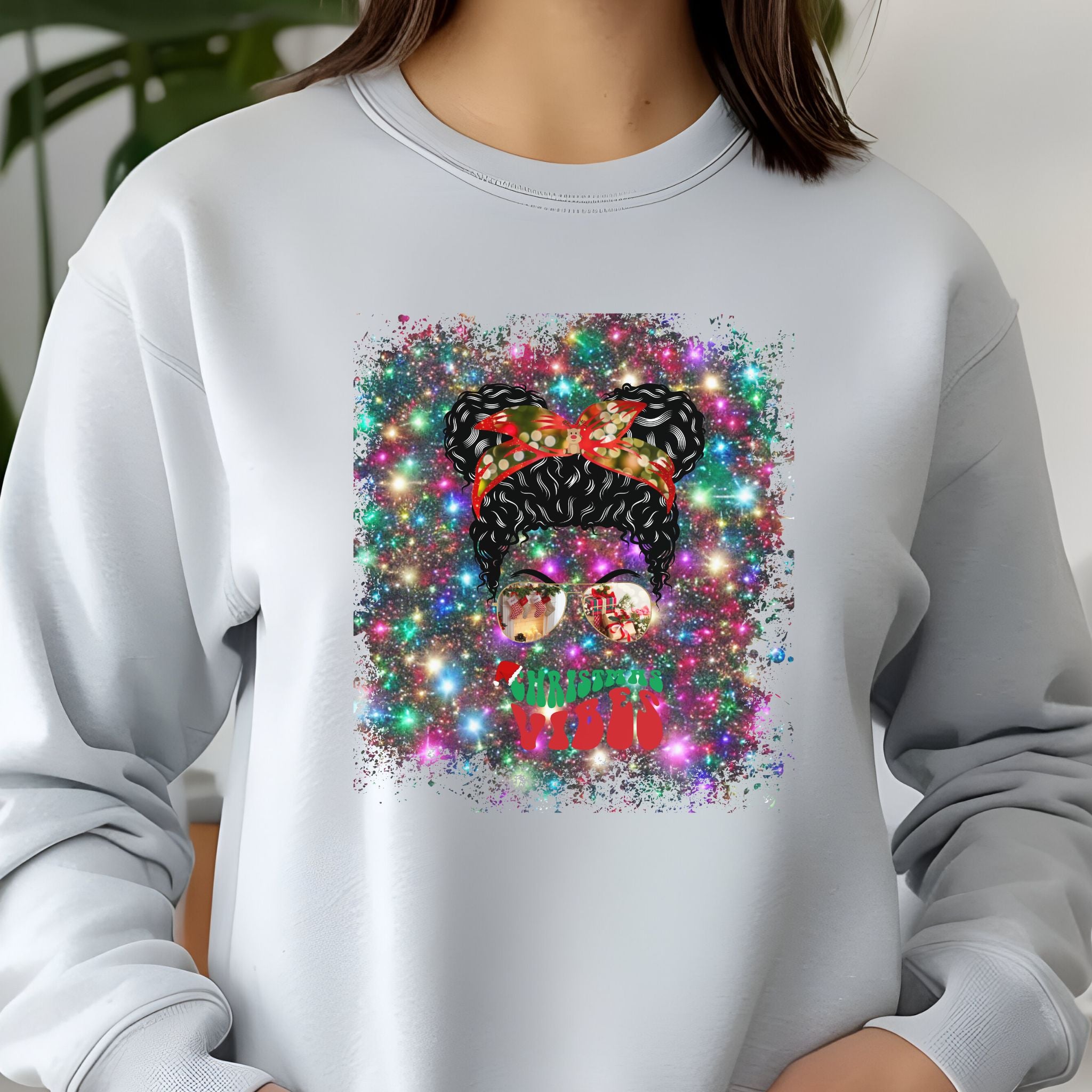 Christmas Vibes Christmas Lights, Black Hair Messy Bun, Unisex Jersey Long Sleeve Tee