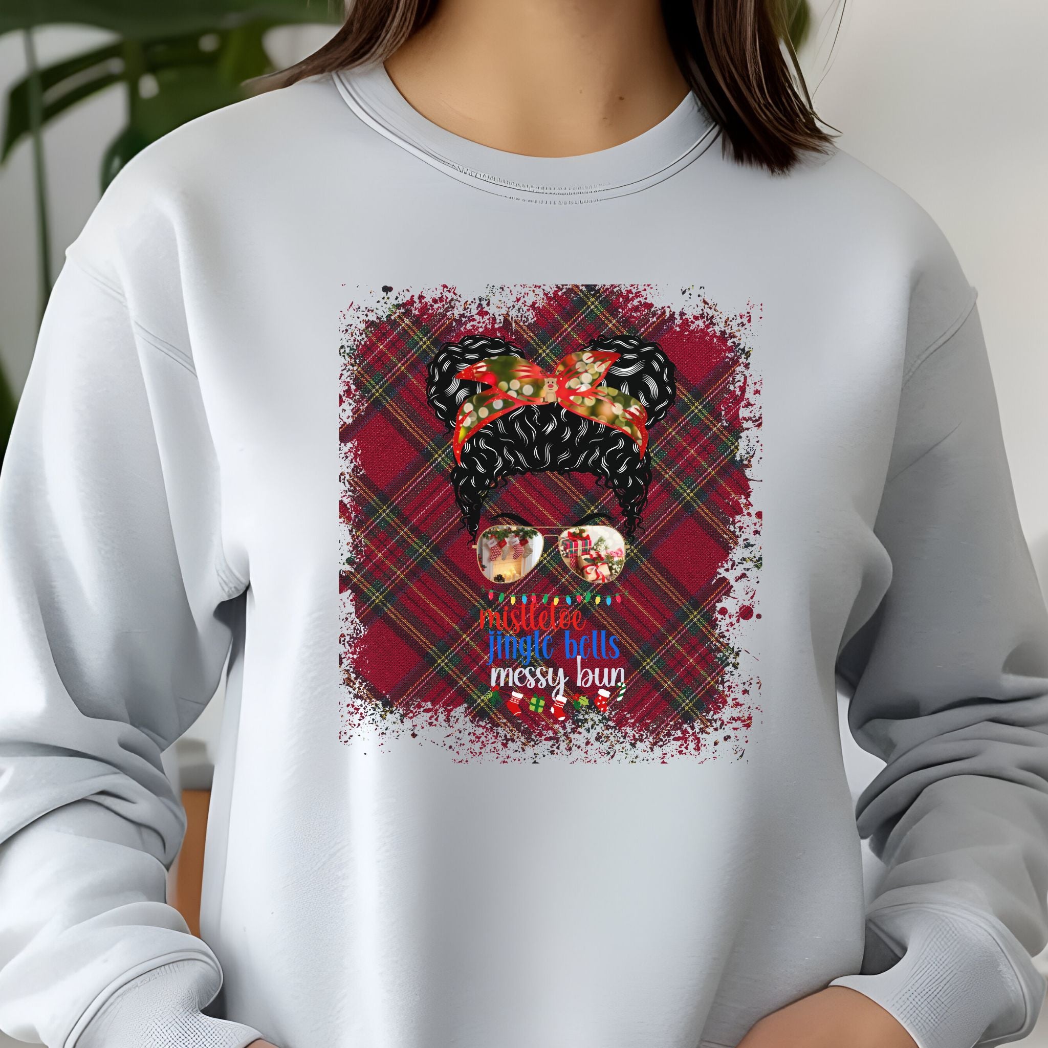 Messy Bun Christmas Plaid, Black Hair Messy Bun, Unisex Jersey Long Sleeve Tee