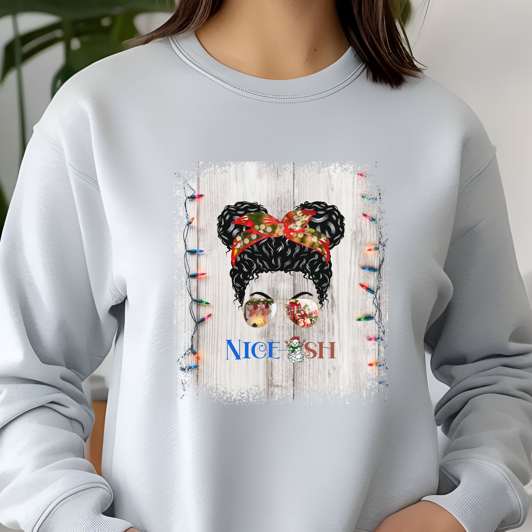 Nice-ish Christmas Lights String, Black Hair Messy Bun, Unisex Jersey Long Sleeve Tee