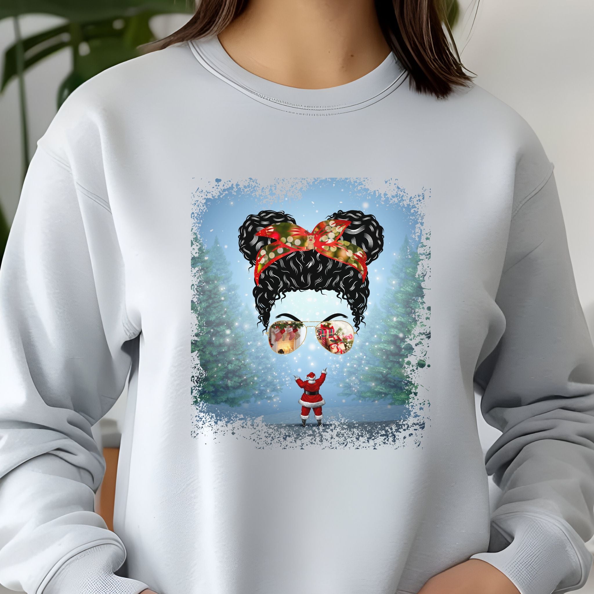 Santa, Black Hair Messy Bun, Unisex Jersey Long Sleeve Tee