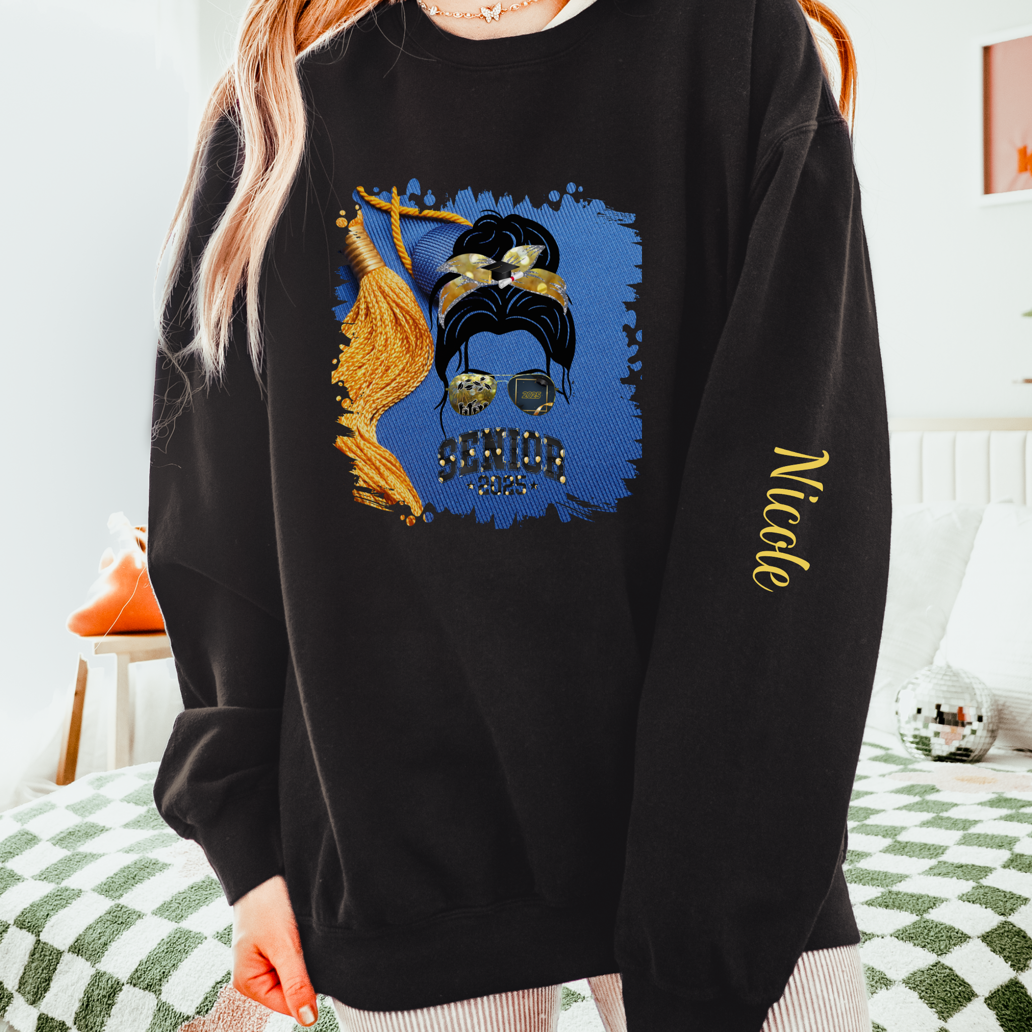 Senior 2025 Balloons, Graduation Cap, Dark Hair Messy Bun, Unisex Lightweight Crewneck Sweatshirt