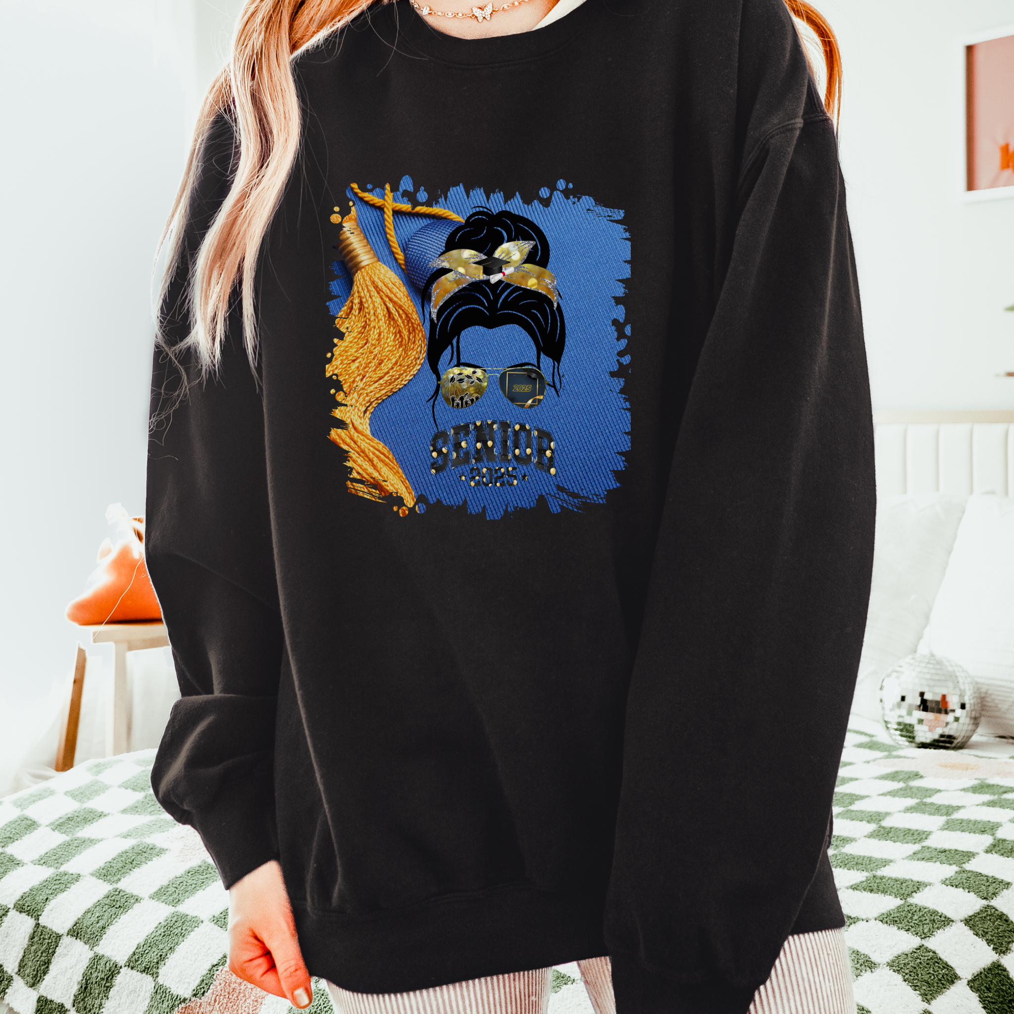 Senior 2025 Balloons, Graduation Cap, Dark Hair Messy Bun, Unisex Lightweight Crewneck Sweatshirt