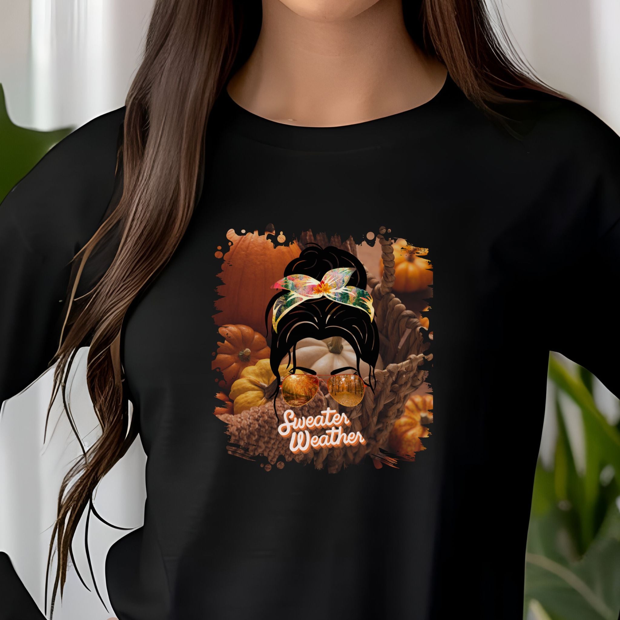 Sweater Weather Fall Pumpkins, Dark Hair Messy Bun, Unisex Jersey Long Sleeve Tee