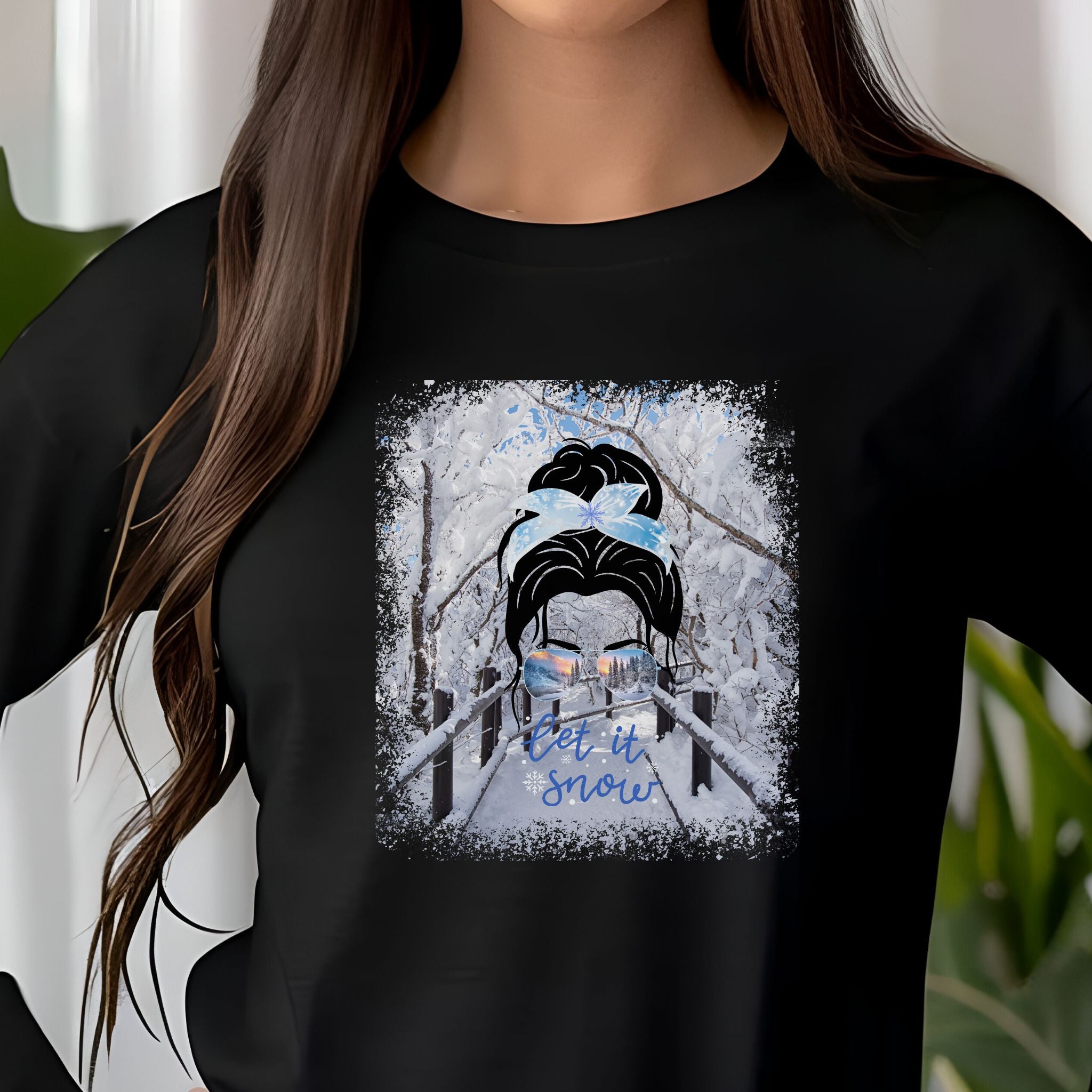 Let it Snow Winter Hike, Dark Hair Messy Bun, Unisex Jersey Long Sleeve Tee